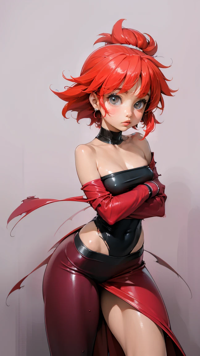 ishikei style, Blossom From Powerpuff Girls as a Violent Mature Themed Action Anime, Red Hair:1.2, Sexy Powerpuff Girls Anime, bloody battle damage and wear, ecchi Damaged and Ripped clothes, pink and black clothes, one breast revealed through nsfw rips in clothes