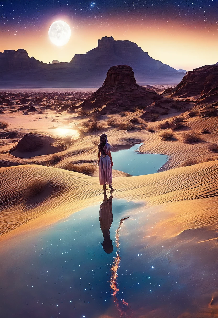 Detailed night sky reflected in vast desert landscape、A complex starry sky with a crescent moon、Desert Princess Standing in the Desert、Cinematic and dramatic lighting、Shining horizon、Award-winning、4K、Super fine、(Realism:1.37)、(Highest quality:1.2)、Cinematic composition、Stunning colors、Dramatic atmosphere、Breathtakingly beautiful、Calm、mysterious、Epic Scale