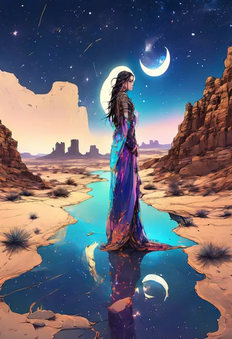 Detailed night sky reflected in vast desert landscape、A complex starry sky with a crescent moon、Desert Princess Standing in the ...