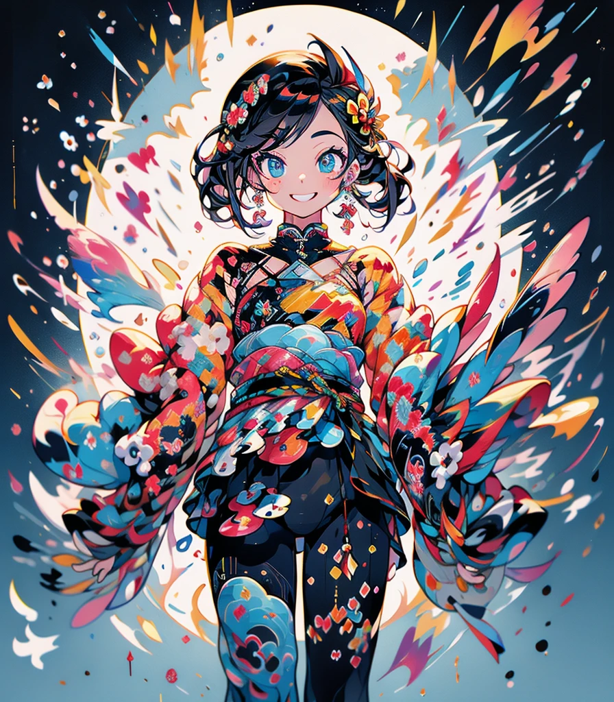 masterpiece, super high quality, ( Highly detailed original illustration),(  Expression of joy, Perfect Eyes, Long Hair, smile,whole body, Perfect body),Dancing, ((Streetwear,Parker Fashion)), ((Hana Sakura)(graffiti)), Double exposure, A fluid fusion of abstract art, Glitch, ( 2D), ( Original illustration composition), ( Limited edition color fusion, Maximalism art style, Geometric art style, fire, Junk Art), Yellow theme, Background Black