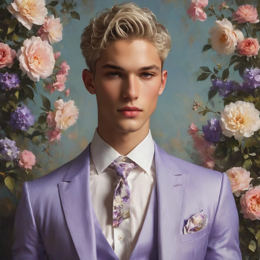 Candid Vogue fashion editorial shot of mixed male supermodel, 23 year old, short platinum silver hair, masculine appearance with slender physique, symmetric face, natural olive skin tone, exudes youthfulness and athleticism, he is very photogenic, Position against an ornate dark purple background featuring a floral painting wallpaper to add depth and richness to the scene, ((Depict Lucifer as a charismatic and sophisticated figure)), He is a striking presence with an air of mystery and intelligence. wears a well-fitted, light purple blazer over a white shirt, with dark jeans and stylish shoes. His demeanor is confident and charming, with a subtle hint of his divine origins in his calm and intense gaze. The background should be a modern, urban setting with a blend of sophistication and casualness, evoke the soft ethereal quality of the Renaissance style, raw photo, ((masterpiece)), (best quality), High Resolution, (ultra_realistic), photorealistic, ((Pay attention to the layer and arrangement of body parts and surrounding objects)), ((Pay attention to the body composition)), ((Correct body structure)), ((Correct photo distance)), romantic atmosphere, lively extremely Gorgeous background),