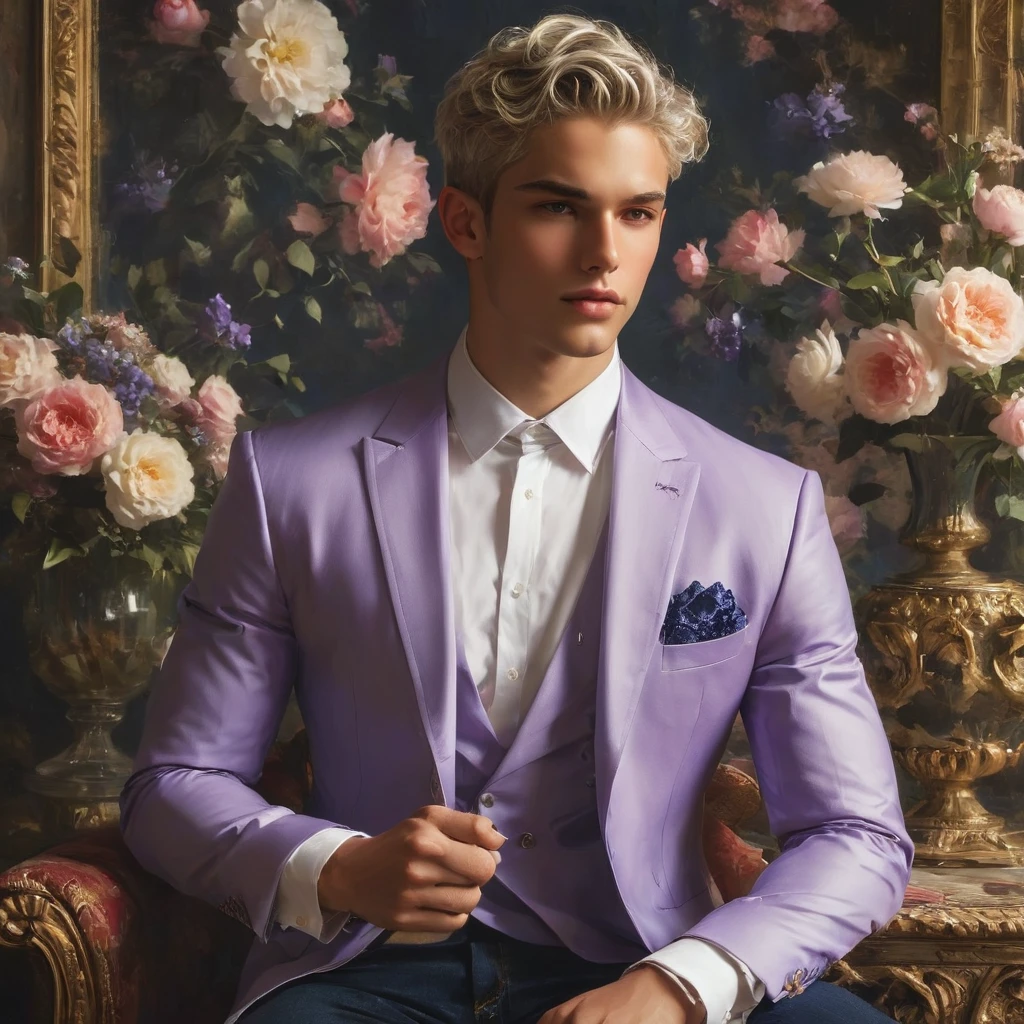 Candid Vogue fashion editorial shot of mixed male supermodel, 23 year old, short platinum silver hair, masculine appearance with slender physique, symmetric face, natural olive skin tone, exudes youthfulness and athleticism, he is very photogenic, Position against an ornate dark purple background featuring a floral painting wallpaper to add depth and richness to the scene, ((Depict Lucifer as a charismatic and sophisticated figure)), He is a striking presence with an air of mystery and intelligence. wears a well-fitted, light purple blazer over a white shirt, with dark jeans and stylish shoes. His demeanor is confident and charming, with a subtle hint of his divine origins in his calm and intense gaze. The background should be a modern, urban setting with a blend of sophistication and casualness, evoke the soft ethereal quality of the Renaissance style, raw photo, ((masterpiece)), (best quality), High Resolution, (ultra_realistic), photorealistic, ((Pay attention to the layer and arrangement of body parts and surrounding objects)), ((Pay attention to the body composition)), ((Correct body structure)), ((Correct photo distance)), romantic atmosphere, lively extremely Gorgeous background),