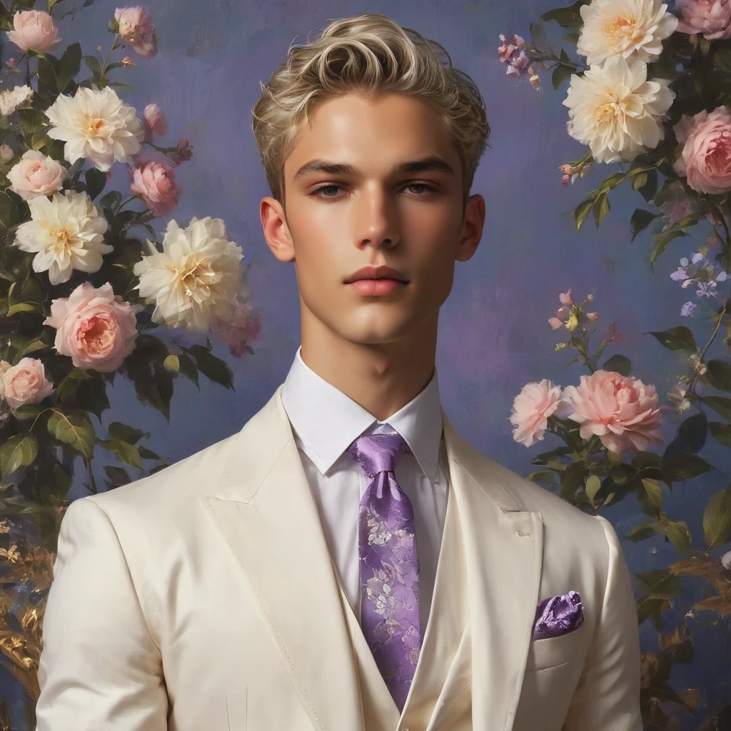 Candid Vogue fashion editorial shot of mixed male supermodel, 23 year old, short platinum silver hair, masculine appearance with slender physique, symmetric face, natural olive skin tone, exudes youthfulness and athleticism, he is very photogenic, Position against an ornate dark purple background featuring a floral painting wallpaper to add depth and richness to the scene, ((Depict Lucifer as a charismatic and sophisticated figure)), He is a striking presence with an air of mystery and intelligence. wears a well-fitted, light purple blazer over a white shirt, with dark jeans and stylish shoes. His demeanor is confident and charming, with a subtle hint of his divine origins in his calm and intense gaze. The background should be a modern, urban setting with a blend of sophistication and casualness, evoke the soft ethereal quality of the Renaissance style, raw photo, ((masterpiece)), (best quality), High Resolution, (ultra_realistic), photorealistic, ((Pay attention to the layer and arrangement of body parts and surrounding objects)), ((Pay attention to the body composition)), ((Correct body structure)), ((Correct photo distance)), romantic atmosphere, lively extremely Gorgeous background),