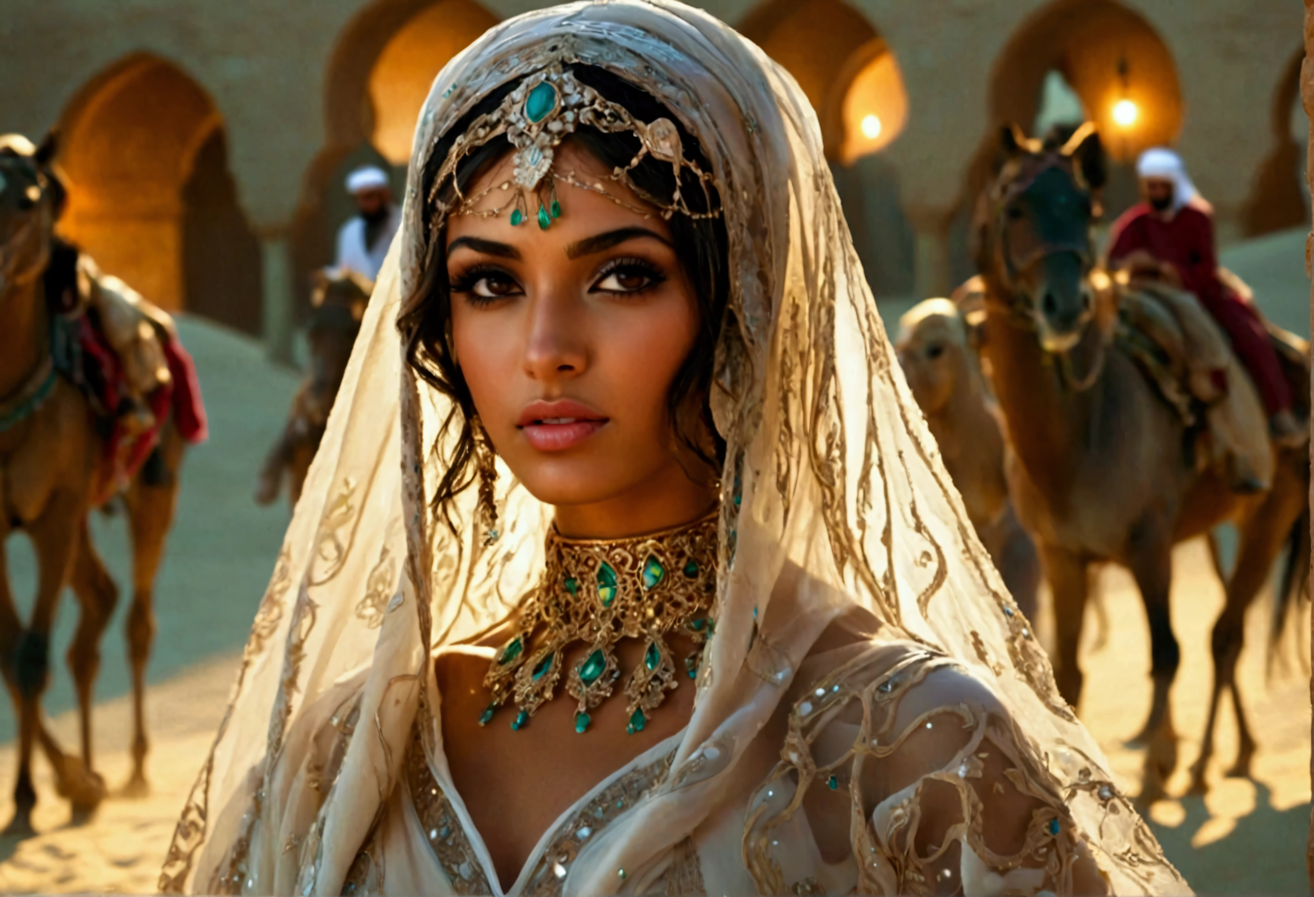 a beautiful young arabian woman, 25 years old, walking through the desert at night, wearing many fine layers of airy sheer fabric, dressed as an arabian princess, flanked by bodyguards, detailed face, beautiful eyes, detailed lips, long eyelashes, elegant pose, intricate fabric textures, moonlit desert landscape, glowing warm lighting, cinematic composition, ultra-detailed, 8k, photorealistic, masterpiece
