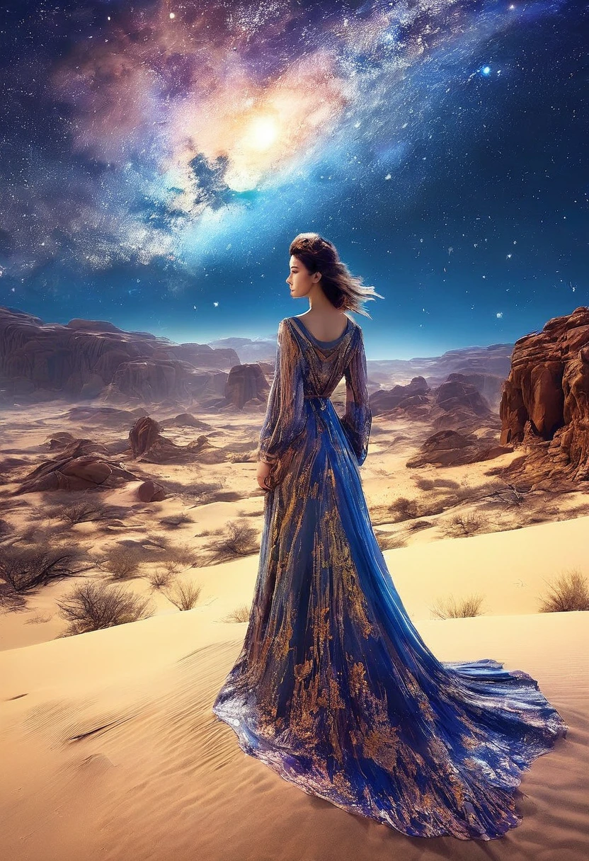 Detailed night sky reflected in vast desert landscape、A complex starry sky with a crescent moon、Desert Princess Standing in the Desert、Cinematic and dramatic lighting、Shining horizon、Award-winning、4K、Super fine、(Realism:1.37)、(Highest quality:1.2)、Cinematic composition、Stunning colors、Dramatic atmosphere、Breathtakingly beautiful、Calm、mysterious、Epic Scale