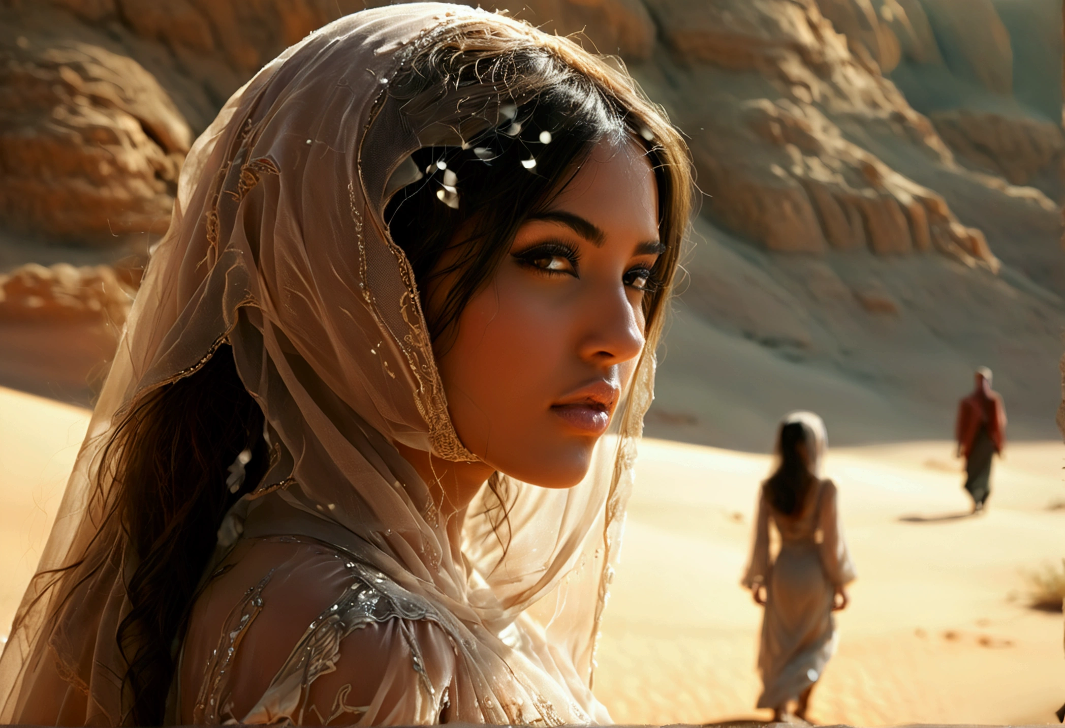 Arabian woman (top model, age 25, many fine layers of airy sheer fabric, Arabian princess) walking through the desert at night. Bodyguards flank her
