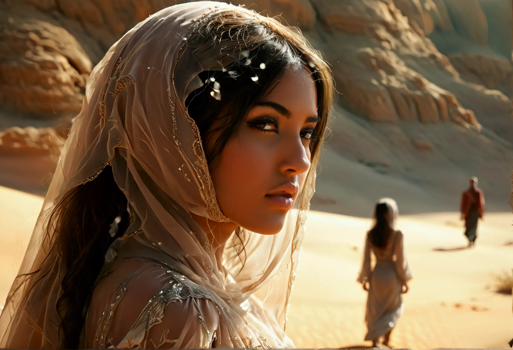 Arabian woman (top model, age 25, many fine layers of airy sheer fabric, Arabian princess) walking through the desert at night. ...