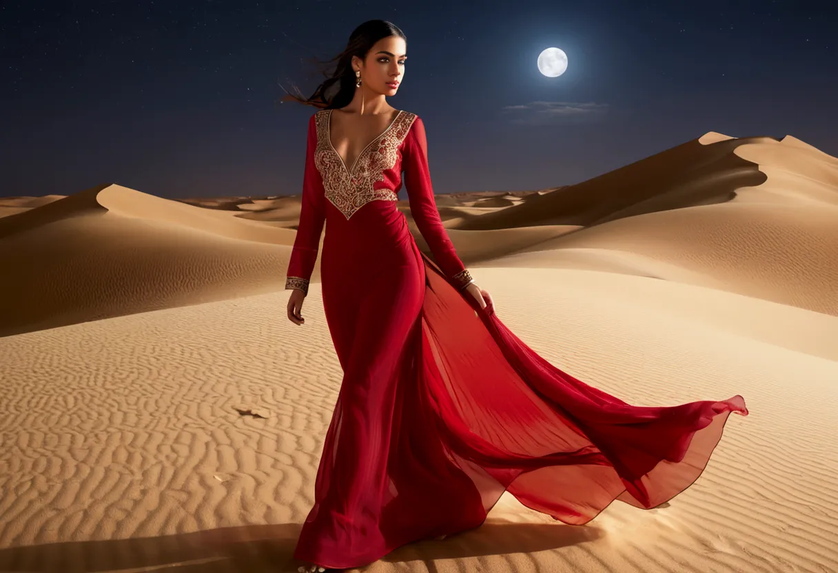 Arabian woman (top model, age 25, many fine layers of airy sheer fabric, Arabian princess) walking through the desert at night. ...