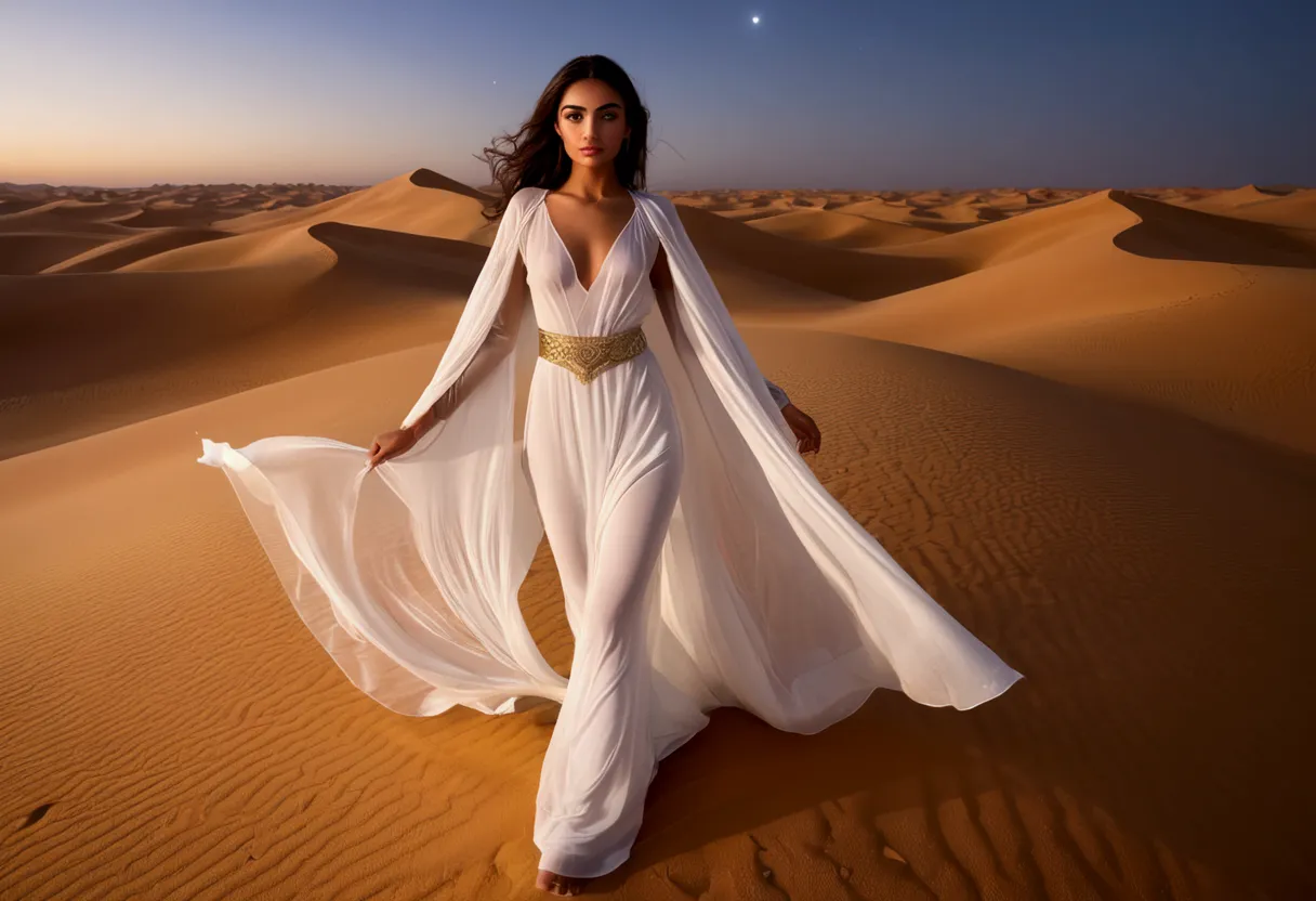 Arabian woman (top model, age 25, many fine layers of airy sheer fabric, Arabian princess) walking through the desert at night. ...