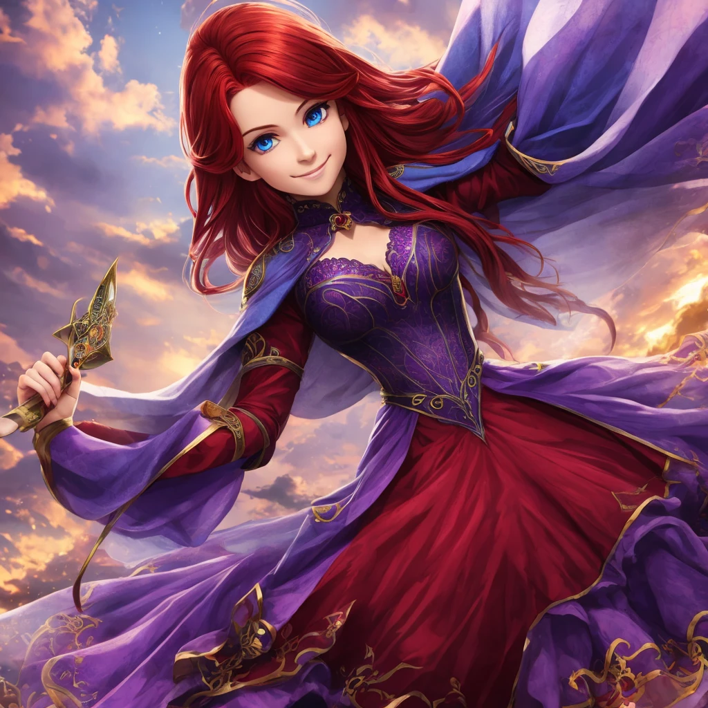 woman, detailed red hair, intense blue eyes, purple outfit, radiant smile, with hands inviting to enter