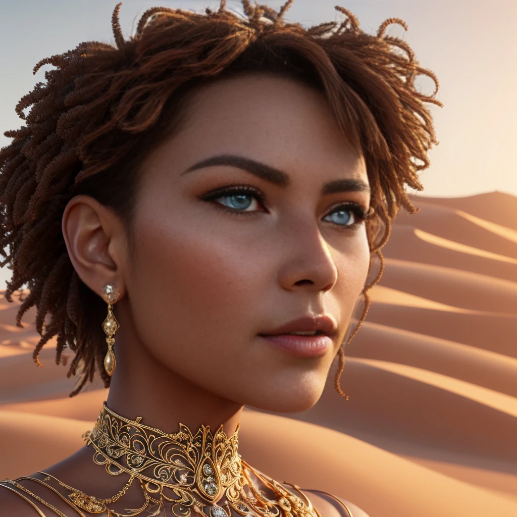 a beautiful desert princess, intricate detailed face, piercing eyes, flowing hair, delicate gold jewelry, ornate desert dress, desert landscape background, golden hour lighting, cinematic atmosphere, dramatic lighting, vibrant colors, highly detailed, 8k, photorealistic, digital art, concept art