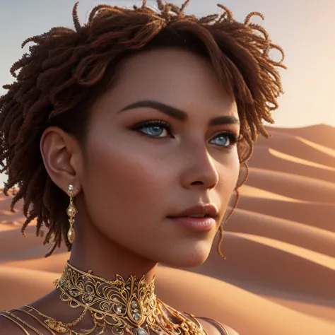 a beautiful desert princess, intricate detailed face, piercing eyes, flowing hair, delicate gold jewelry, ornate desert dress, d...