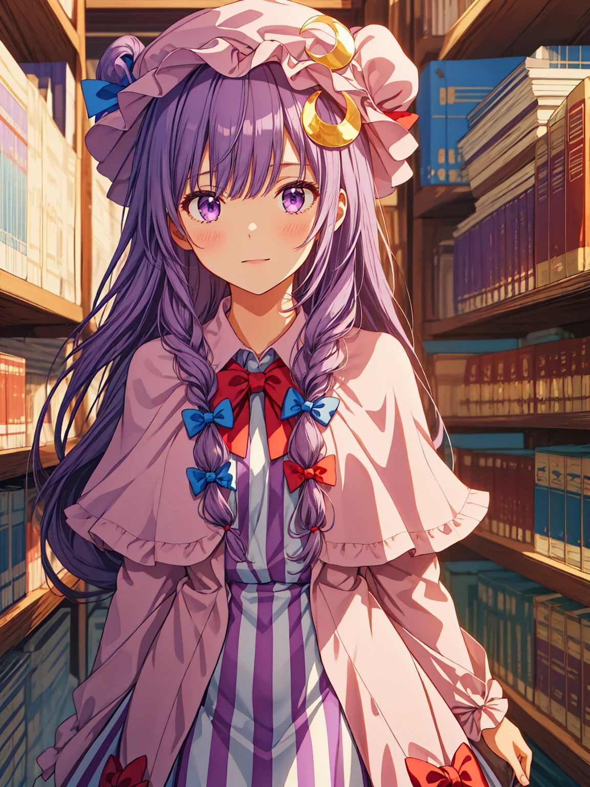 best quality, masterpiece, highres,  upper_body,  looking_at_viewer, solo, {patchouli_knowledge_touhou:1.15}, long_hair, purple_hair, crescent, purple_eyes, ribbon, hat, bow, bangs, mob_cap, hat_ornament, crescent_hat_ornament, hair_bow, red_bow, blue_bow, red_ribbon, capelet, hat_ribbon, striped, very_long_hair, 1girl, blunt_bangs, dress, long_sleeves, striped_dress, vertical-striped_dress, vertical_stripes, blue_ribbon, purple_dress, purple_headwear, sidelocks, bowtie, frills, purple_capelet, red_bowtie, wide_sleeves, Magic Library, fantasy, arms behind back,