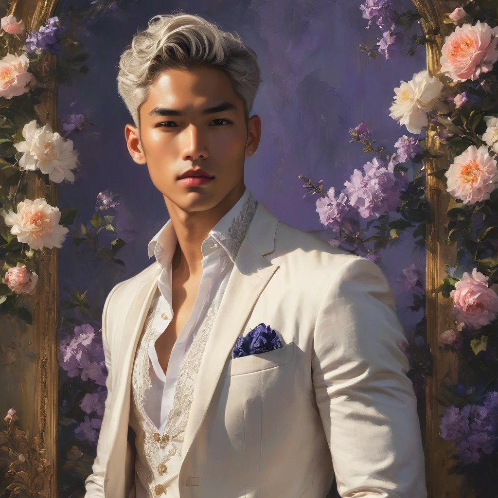 Candid Vogue fashion editorial shot of mixed Asian and Latino male supermodel, 23 year old, short platinum silver hair, masculine appearance with slender physique, symmetric face, natural olive skin tone, exudes youthfulness and athleticism, he is very photogenic, Position against an ornate dark purple background featuring a floral painting wallpaper to add depth and richness to the scene, ((Depict Lucifer as a charismatic and sophisticated figure)), He is a striking presence with an air of mystery and intelligence. wears a well-fitted, light purple blazer over a white shirt, with dark jeans and stylish shoes. His demeanor is confident and charming, with a subtle hint of his divine origins in his calm and intense gaze. The background should be a modern, urban setting with a blend of sophistication and casualness, evoke the soft ethereal quality of the Renaissance style, raw photo, ((masterpiece)), (best quality), High Resolution, (ultra_realistic), photorealistic, ((Pay attention to the layer and arrangement of body parts and surrounding objects)), ((Pay attention to the body composition)), ((Correct body structure)), ((Correct photo distance)), romantic atmosphere, lively extremely Gorgeous background),