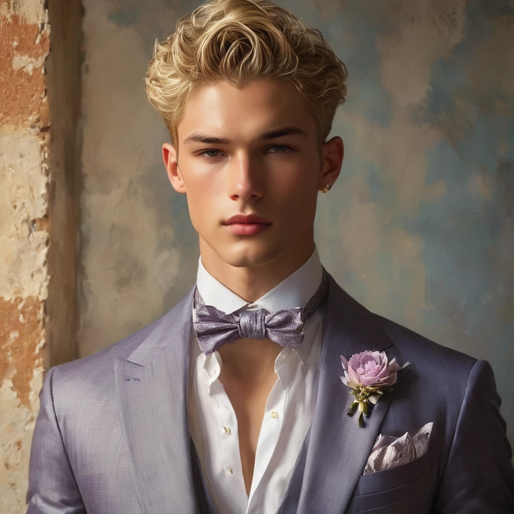 Candid image shot of 2man, mixed of Latino and Japanese male supermodel, 23 year old, an attractive and charming,, masculine appearance, slender, short platinum blonde hair in an undercut hairstyle, masculine appearance with slender physique, small pectorals, symmetric face, natural olive skin tone exudes youthfulness and athleticism, he is very photogenic man, Position him against an ornate dark background featuring a framed white and purple floral painting to add depth and richness to the scene, (He wears an open luxurious light purple and white patterned suit), semi hard bulge, His expression is serene and slightly introspective, with a soft confident gaze directed slightly off-camera, Utilize natural soft lighting streaming in from a window, casting gentle highlights and shadows that accentuate the contours of his face and the texture of his robe, The light creates a warm intimate atmosphere with a golden tone that enhances his skin and the robe, The interplay of light and shadow adds depth and dimension to the scene, slightly blurred focus background, bringing him into sharp clear detail while the rich tones of the background enhance the overall opulence of the image. Capture full-body short, dynamic angle, using a Canon EOS R7 and Sigma AF 85mm F1.4 EX DG HSM lens by Thomas Synnamon, Employ a shallow depth of field to focus closely on his face and body while softly blurring the background, Draw inspiration from high-fashion photographer, emphasize detail, texture and a sophisticated luxurious atmosphere, Emphasize the golden warm lighting and its effect on enhancing his features and the robe's rich textures, creating a visually captivating and elegant portrait that exudes warmth and sophistication, The overall mood blend the classical elegance of the modern, high-fashion aesthetic, producing an image that feels both timeless and contemporary, raw photo, masterpiece, best quality, Correct body structure, Correct photo distance,