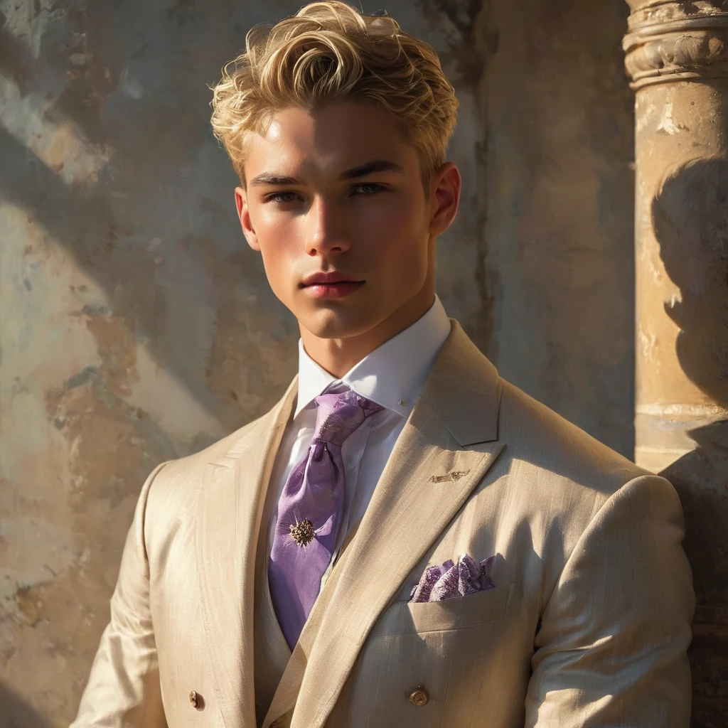 Candid image shot of 2man, mixed of Latino and Japanese male supermodel, 23 year old, an attractive and charming,, masculine appearance, slender, short platinum blonde hair in an undercut hairstyle, masculine appearance with slender physique, small pectorals, symmetric face, natural olive skin tone exudes youthfulness and athleticism, he is very photogenic man, Position him against an ornate dark background featuring a framed white and purple floral painting to add depth and richness to the scene, (He wears an open luxurious light purple and white patterned suit), semi hard bulge, His expression is serene and slightly introspective, with a soft confident gaze directed slightly off-camera, Utilize natural soft lighting streaming in from a window, casting gentle highlights and shadows that accentuate the contours of his face and the texture of his robe, The light creates a warm intimate atmosphere with a golden tone that enhances his skin and the robe, The interplay of light and shadow adds depth and dimension to the scene, slightly blurred focus background, bringing him into sharp clear detail while the rich tones of the background enhance the overall opulence of the image. Capture full-body short, dynamic angle, using a Canon EOS R7 and Sigma AF 85mm F1.4 EX DG HSM lens by Thomas Synnamon, Employ a shallow depth of field to focus closely on his face and body while softly blurring the background, Draw inspiration from high-fashion photographer, emphasize detail, texture and a sophisticated luxurious atmosphere, Emphasize the golden warm lighting and its effect on enhancing his features and the robe's rich textures, creating a visually captivating and elegant portrait that exudes warmth and sophistication, The overall mood blend the classical elegance of the modern, high-fashion aesthetic, producing an image that feels both timeless and contemporary, raw photo, masterpiece, best quality, Correct body structure, Correct photo distance,