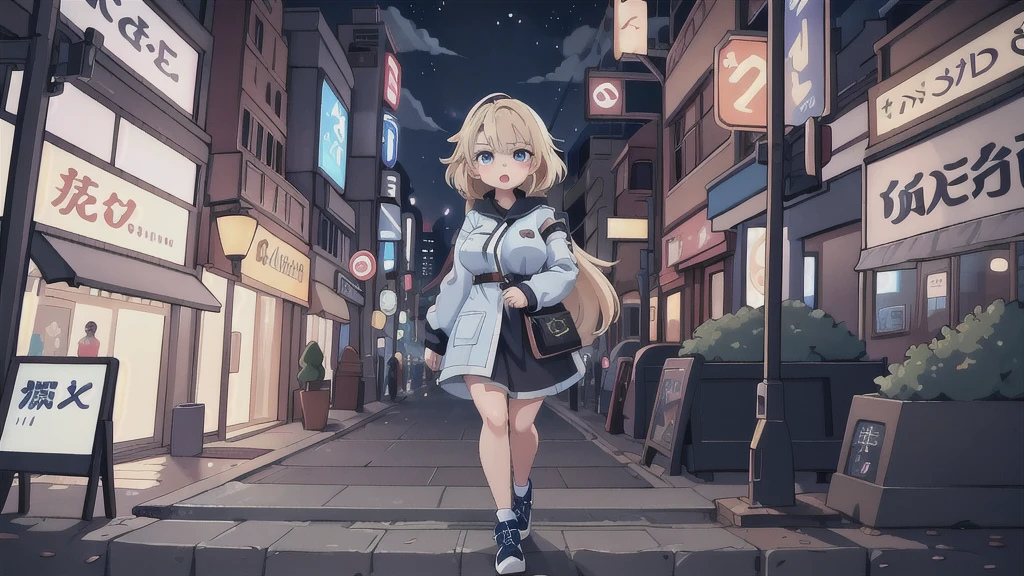 2D Anime Style、Blue eyes、breasts are slightly larger、Short blonde hair with a slight light blue gradation、A cool adult woman with a slightly angry expression....、Black Fashion, Walking around the city at night,