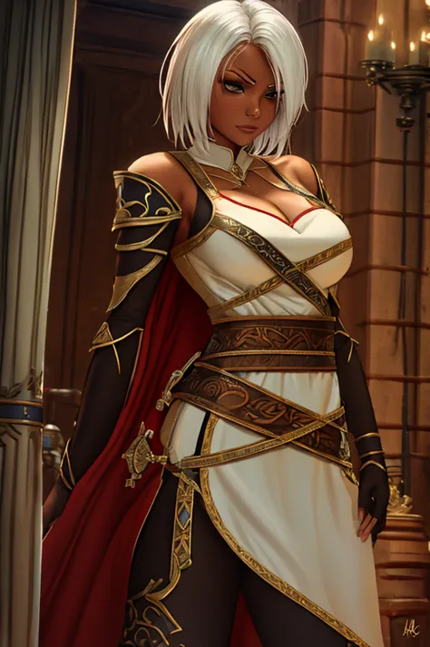 Mature woman, short white hair, red skinned, elf, assassin outfit