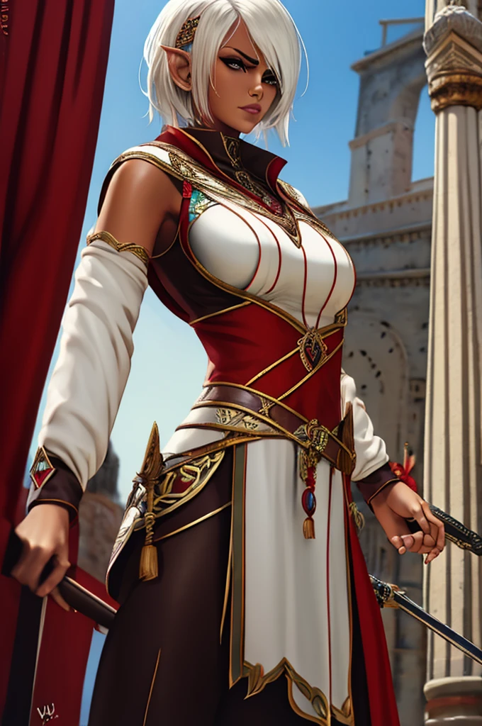 Mature woman, short white hair, red skinned, elf, assassin outfit