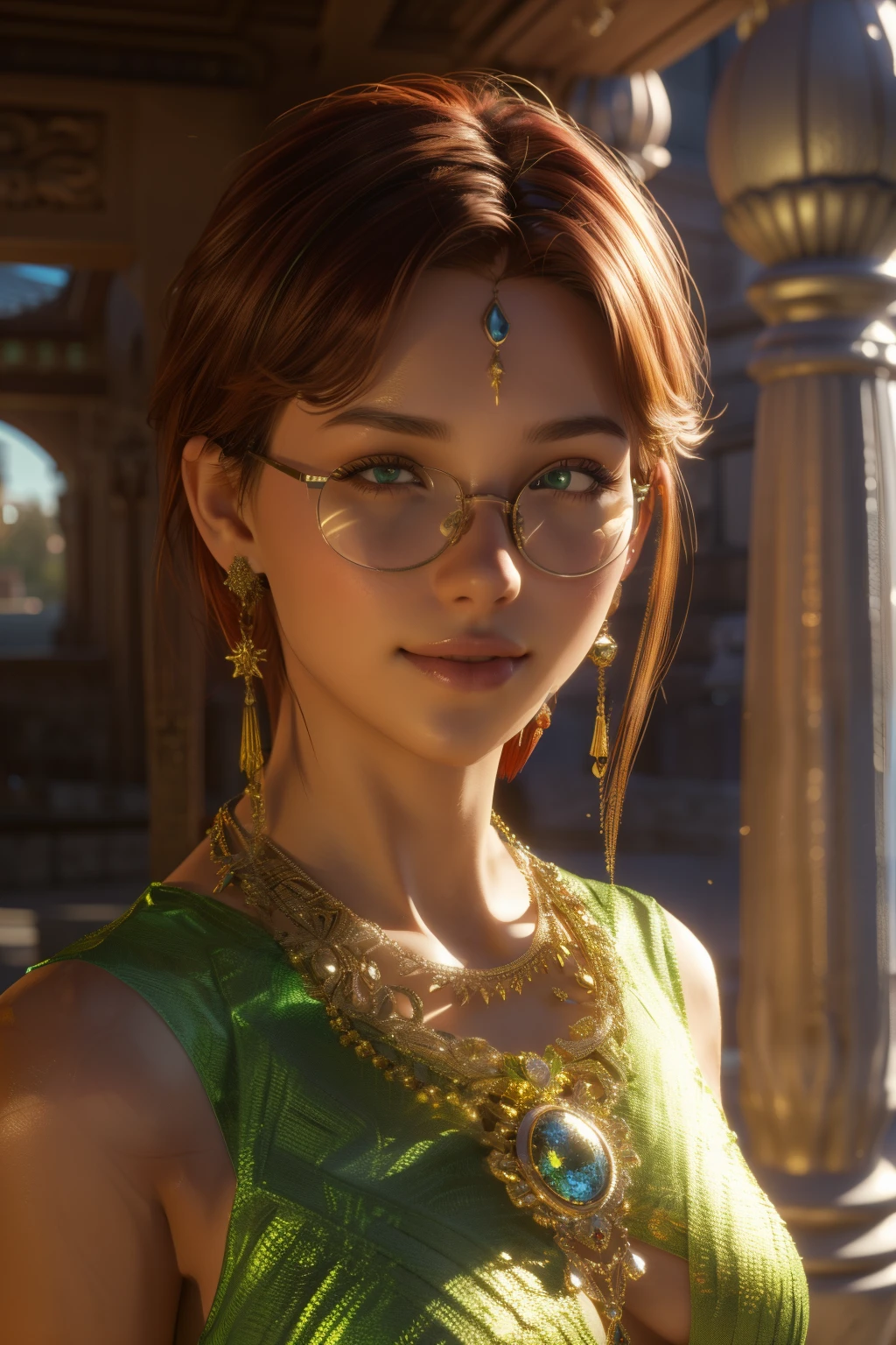 In the courtyard of the temple. Short, Red hair, green eyes, smile, girl 15 years old, metal frame glasses. ((elegance. gradient. Photorealism. Unreal engine. 3d model. Ultra high quality textures. high detail. permission 8k))