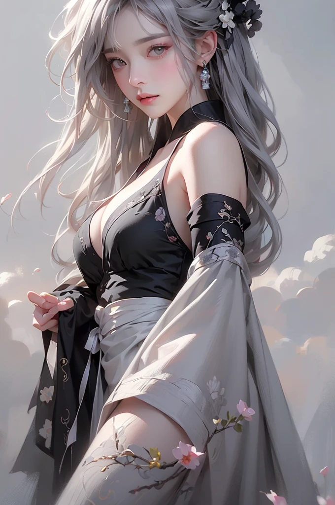 super high quality, masterpiece, Perfect illustration, Very detailed (Exquisite light and shadow, Very dramatic photo,Backlight) , ((Gray Hair:1.5))1 Girl,(( alone:1.6)), (Wearing Han clothes, Black and white Hanfu,Monotony,Long sleeve) Flower Field, Flowers, (White smoke:1.3) (Realistic:1.4), Zen Intertwining, Tangled, Official Art, unity 8k wallpaper, Very detailed, Beautiful and beautiful, masterpiece, Highest quality, (Dynamic Angle: 1.4), Glowing Skin, (Floating colorful flashes: 1) The most beautiful chaotic shapes, elegant, Brutalist Design, Bright colors, Romantic Depth of Field Exotic_dance, half_naked、（Separate sleeves:1.4, Expose your shoulders、Ample breasts、Beautiful cleavage）（side view）
