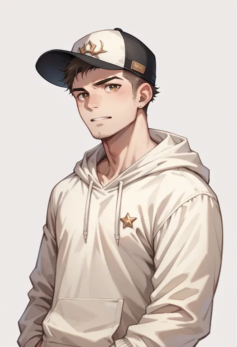 Human Male, Brown Stable haircut ,wearing cap hat , wearing Cool hoodie 