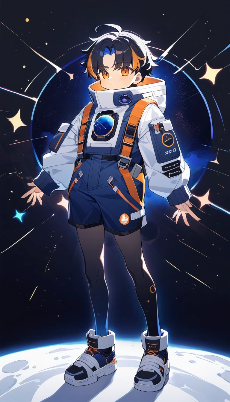 A guy, full body, sexy and cute, black hair with multicolor highlights, space themed outfit