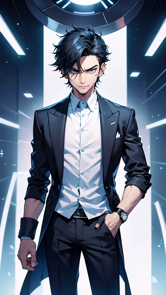 

**Appearance:** The protagonist is a young man in his early twenties with a striking presence. He stands at about 6 feet tall with a lean, athletic build. His facial features are sharp and well-defined, with high cheekbones, a straight nose, and piercing eyes that seem to hold an intense and confident gaze. His skin is fair, and his black hair is styled neatly, with a few rebellious strands falling over his forehead.

**Clothing:** He is dressed in a modern, stylish outfit that reflects his status and personality. He wears a fitted black suit with a crisp white shirt underneath, the top button left casually undone. His jacket has subtle, intricate patterns that catch the light, giving a hint of his unique taste and wealth. He also wears a sleek, high-tech wristwatch on his left wrist, hinting at his connection to advanced technology.

**Accessories:** He carries a small, futuristic device that resembles a tablet but is far more advanced, with holographic displays. This device is often seen in his hand or tucked under his arm, symbolizing his intellect and control over cutting-edge technology.

**Expression and Pose:** The protagonist exudes confidence and authority. He is often depicted with a slight smirk on his lips, as if he knows something others do not. His posture is relaxed yet commanding, with one hand in his pocket and the other holding his high-tech device. He stands tall, with a slight tilt of his head, looking ahead as if contemplating his next move.

**Background:** The setting around him should reflect a blend of advanced technology and modern luxury. He could be standing in a sleek, futuristic cityscape with towering skyscrapers, neon lights, and advanced vehicles flying by. Alternatively, he could be in a high-tech control room filled with holographic screens and cutting-edge equipment, emphasizing his mastery over technology.