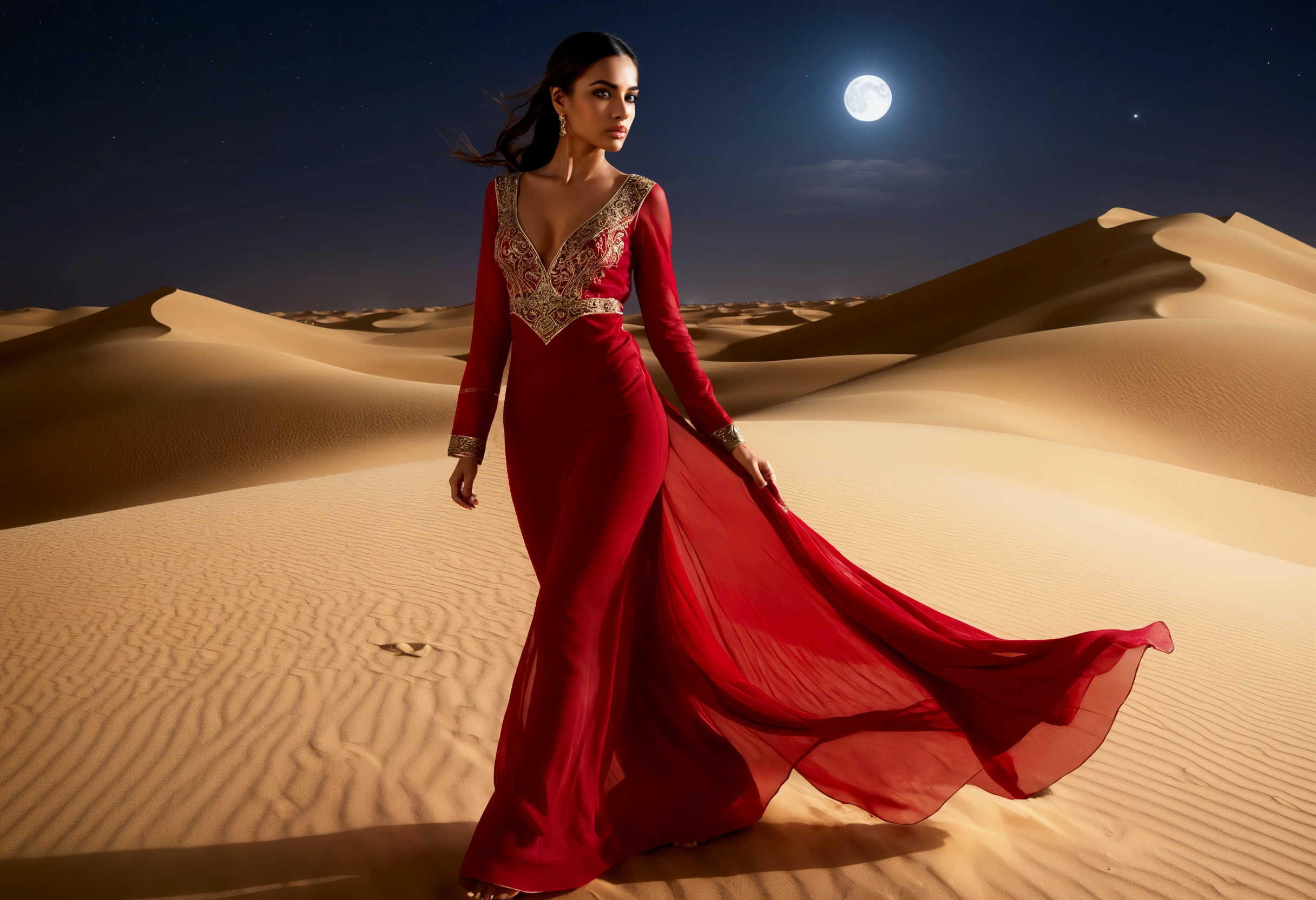 a beautiful young arabian woman, 25 years old, walking through the desert at night, wearing many fine layers of airy sheer fabric, dressed as an arabian princess, flanked by bodyguards, detailed face, beautiful eyes, detailed lips, long eyelashes, elegant pose, intricate fabric textures, moonlit desert landscape, glowing warm lighting, cinematic composition, ultra-detailed, 8k, photorealistic, masterpiece
