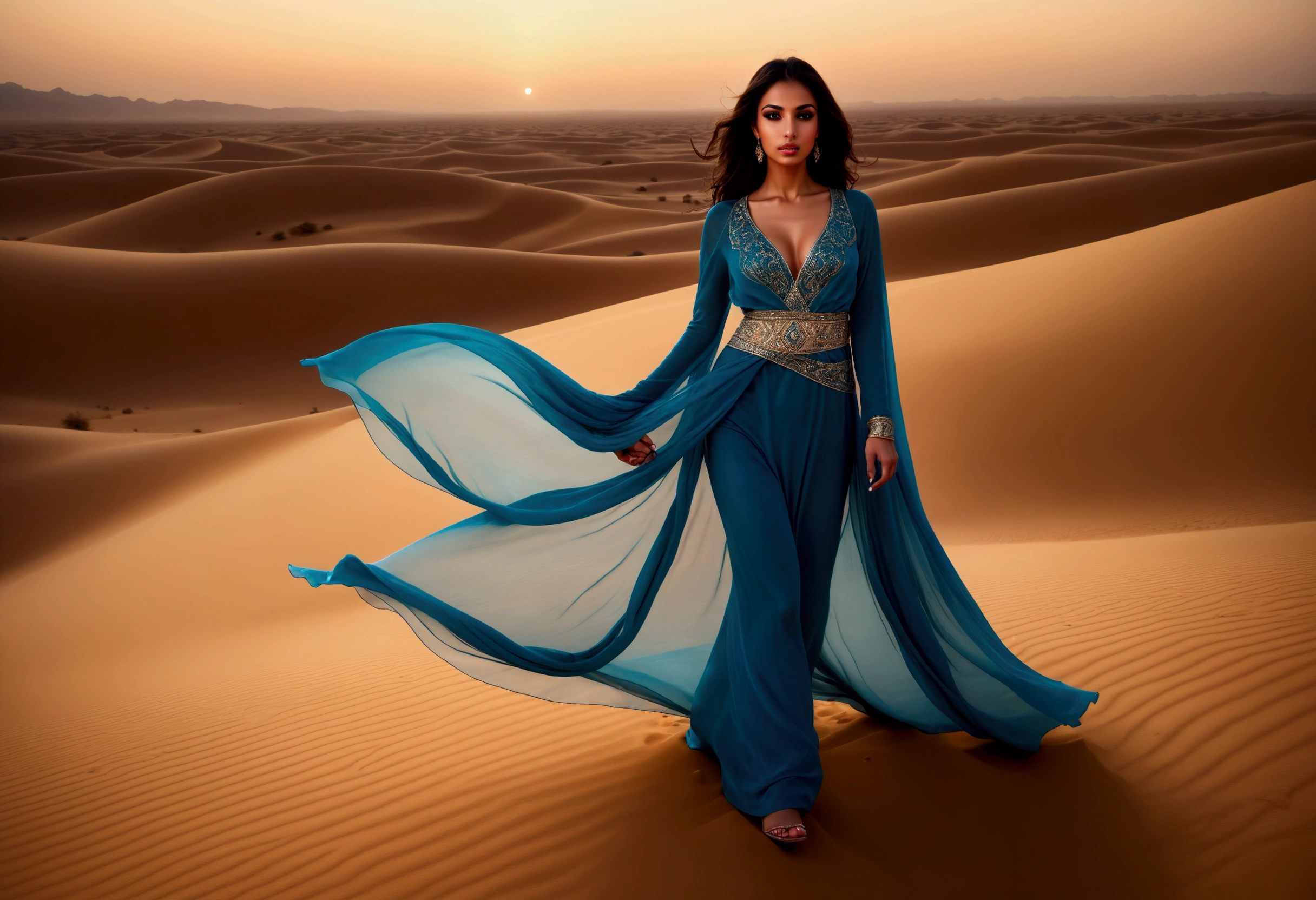 a beautiful young arabian woman, 25 years old, walking through the desert at night, wearing many fine layers of airy sheer fabric, dressed as an arabian princess, flanked by bodyguards, detailed face, beautiful eyes, detailed lips, long eyelashes, elegant pose, intricate fabric textures, moonlit desert landscape, glowing warm lighting, cinematic composition, ultra-detailed, 8k, photorealistic, masterpiece
