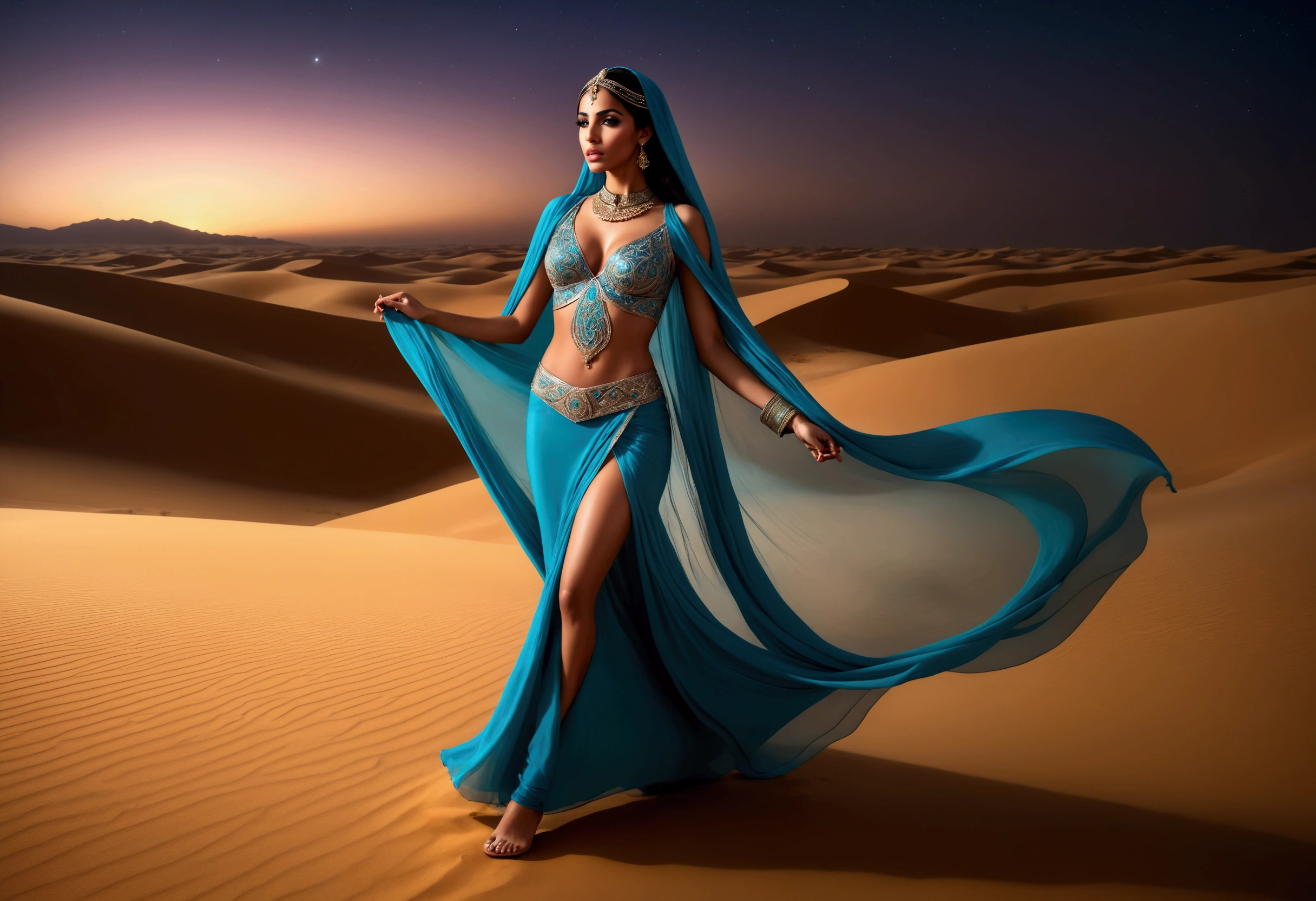 a beautiful young arabian woman, 25 years old, walking through the desert at night, wearing many fine layers of airy sheer fabric, dressed as an arabian princess, flanked by bodyguards, detailed face, beautiful eyes, detailed lips, long eyelashes, elegant pose, intricate fabric textures, moonlit desert landscape, glowing warm lighting, cinematic composition, ultra-detailed, 8k, photorealistic, masterpiece
