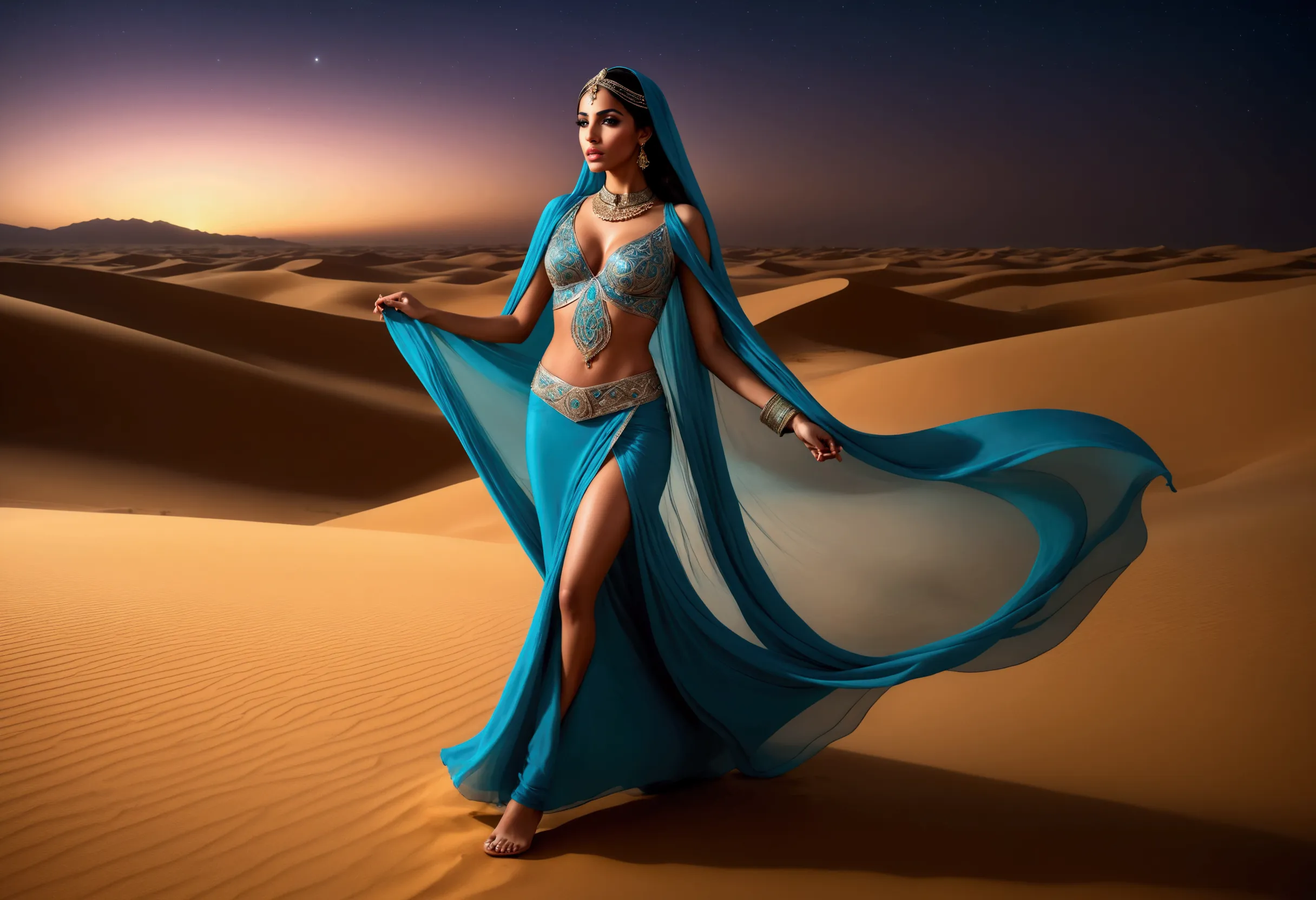 arabian woman (top model, age 25, many fine layers of airy sheer fabric, arabian princess) walking through the desert at night. ...