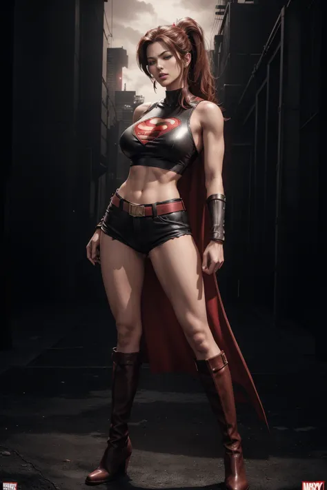 full body superheroine frank miller sin city style separate red color long brown ponytail, piercing half-closed eyes, large brea...