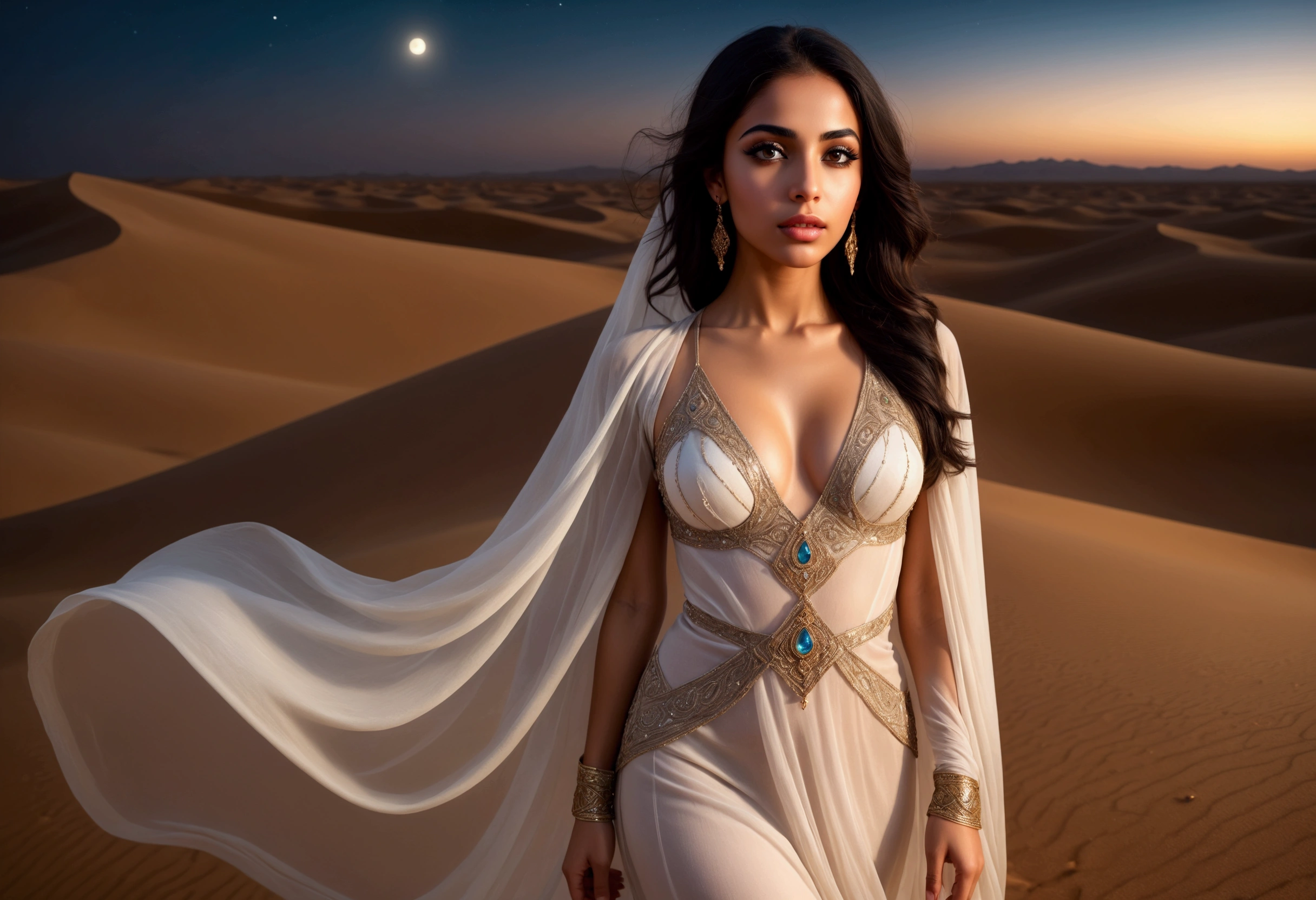 a beautiful young arabian woman, 25 years old, walking through the desert at night, wearing many fine layers of airy sheer fabric, dressed as an arabian princess, flanked by bodyguards, detailed face, beautiful eyes, detailed lips, long eyelashes, elegant pose, intricate fabric textures, moonlit desert landscape, glowing warm lighting, cinematic composition, ultra-detailed, 8k, photorealistic, masterpiece
