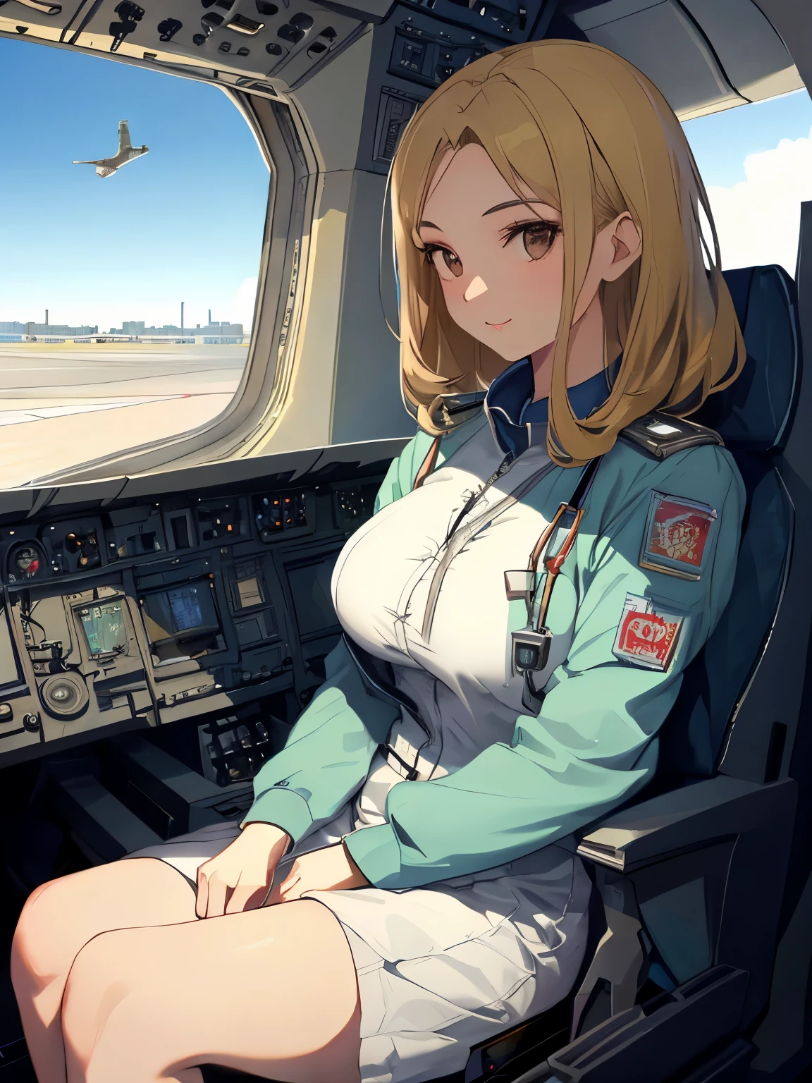 best quality, masterpiece, (独奏:1.2), (1 Female:1.2)、(Female Pilots)、Age 25、Larger breasts、Slender figure、(Sit in a seat inside the retro cockpit of an airplane:1.3)、(Operate the wall switch:1.3)、(Bird&#39;s-eye view:1.2)、(Yellow flight suit:1.3)、(White highlight in pupil:1.2)、Reddish brown eyes、(Black-haired:1.2)、(Short Hair)、White skin、(blush)、(Serious expression)、(Large windows:1.3)、(Blue sky and sea of clouds outside the window)、(in flight)、Makoto Shinkai style sky and clouds