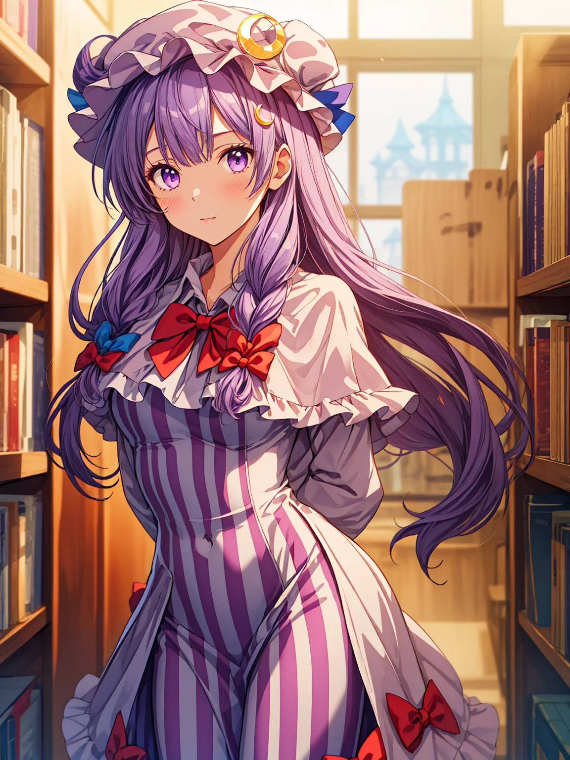 best quality, masterpiece, highres,  upper_body,  looking_at_viewer, solo, {patchouli_knowledge_touhou:1.15}, long_hair, purple_hair, crescent, purple_eyes, ribbon, hat, bow, bangs, mob_cap, hat_ornament, crescent_hat_ornament, hair_bow, red_bow, blue_bow, red_ribbon, capelet, hat_ribbon, striped, very_long_hair, 1girl, blunt_bangs, dress, long_sleeves, striped_dress, vertical-striped_dress, vertical_stripes, blue_ribbon, purple_dress, purple_headwear, sidelocks, bowtie, frills, purple_capelet, red_bowtie, wide_sleeves, Enchanted Libraries, fantasy,( arms behind back:1.2),