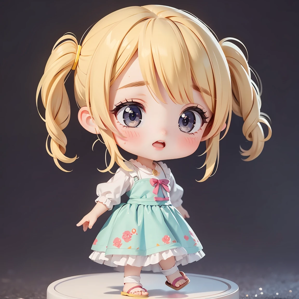  Super Chibi Character：1.8、wearing cute sandals、background：Simple all over、Blonde Hair、Cute 7 year old girl、Cinderella Dresses、Various expressions：1.8、Various poses with moving arms：1.8、Looking this way、LOL