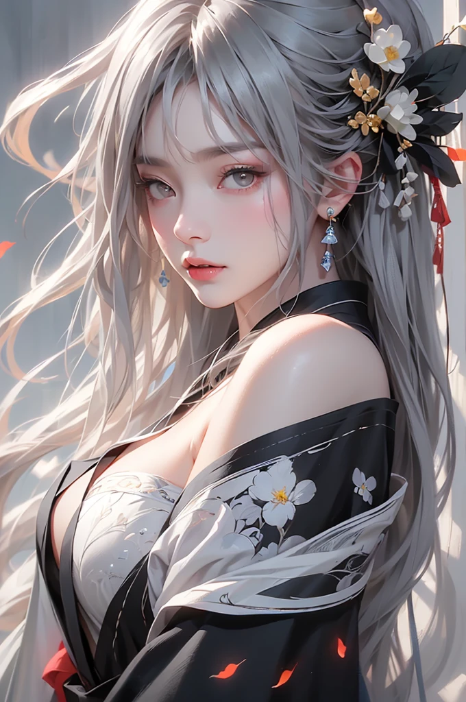 super high quality, masterpiece, Perfect illustration, Very detailed (Exquisite light and shadow, Very dramatic photo,Backlight) , ((Gray Hair:1.5))1 Girl,(( alone:1.6)), (Wearing Han clothes, Black and white Hanfu,Monotony,Long sleeve) Flower Field, Flowers, (White smoke:1.3) (Realistic:1.4), Zen Intertwining, Tangled, Official Art, unity 8k wallpaper, Very detailed, Beautiful and beautiful, masterpiece, Highest quality, (Dynamic Angle: 1.4), Glowing Skin, (Floating colorful flashes: 1) The most beautiful chaotic shapes, elegant, Brutalist Design, Bright colors, Romantic Depth of Field Exotic_dance, half_naked、（Separate sleeves:1.4, Expose your shoulders、Ample breasts、Beautiful cleavage）（side view）
