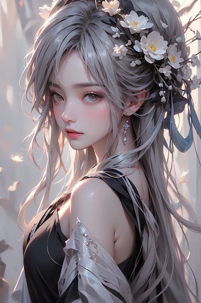 super high quality, masterpiece, Perfect illustration, Very detailed (Exquisite light and shadow, Very dramatic photo,Backlight) , ((Gray Hair:1.5))1 Girl,(( alone:1.6)), (Wearing Han clothes, Black and white Hanfu,Monotony,Long sleeve) Flower Field, Flowers, (White smoke:1.3) (Realistic:1.4), Zen Intertwining, Tangled, Official Art, unity 8k wallpaper, Very detailed, Beautiful and beautiful, masterpiece, Highest quality, (Dynamic Angle: 1.4), Glowing Skin, (Floating colorful flashes: 1) The most beautiful chaotic shapes, elegant, Brutalist Design, Bright colors, Romantic Depth of Field Exotic_dance, half_naked、（Separate sleeves:1.4, Expose your shoulders、Ample breasts、Beautiful cleavage）（side view）
