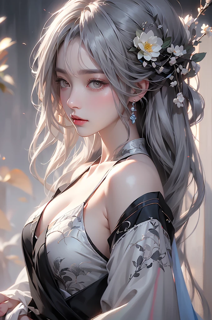 super high quality, masterpiece, Perfect illustration, Very detailed (Exquisite light and shadow, Very dramatic photo,Backlight) , ((Gray Hair:1.5))1 Girl,(( alone:1.6)), (Wearing Han clothes, Black and white Hanfu,Monotony,Long sleeve) Flower Field, Flowers, (White smoke:1.3) (Realistic:1.4), Zen Intertwining, Tangled, Official Art, unity 8k wallpaper, Very detailed, Beautiful and beautiful, masterpiece, Highest quality, (Dynamic Angle: 1.4), Glowing Skin, (Floating colorful flashes: 1) The most beautiful chaotic shapes, elegant, Brutalist Design, Bright colors, Romantic Depth of Field Exotic_dance, half_naked、（Separate sleeves:1.4, Expose your shoulders、Ample breasts、Beautiful cleavage）（side view）
