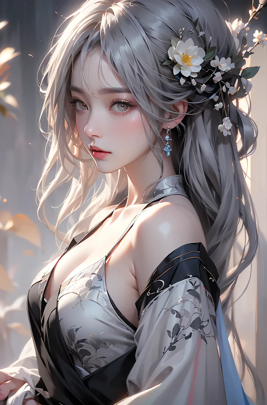 super high quality, masterpiece, Perfect illustration, Very detailed (Exquisite light and shadow, Very dramatic photo,Backlight) , ((Gray Hair:1.5))1 Girl,(( alone:1.6)), (Wearing Han clothes, Black and white Hanfu,Monotony,Long sleeve) Flower Field, Flowers, (White smoke:1.3) (Realistic:1.4), Zen Intertwining, Tangled, Official Art, unity 8k wallpaper, Very detailed, Beautiful and beautiful, masterpiece, Highest quality, (Dynamic Angle: 1.4), Glowing Skin, (Floating colorful flashes: 1) The most beautiful chaotic shapes, elegant, Brutalist Design, Bright colors, Romantic Depth of Field Exotic_dance, half_naked、（Separate sleeves:1.4, Expose your shoulders、Ample breasts、Beautiful cleavage）（side view）
