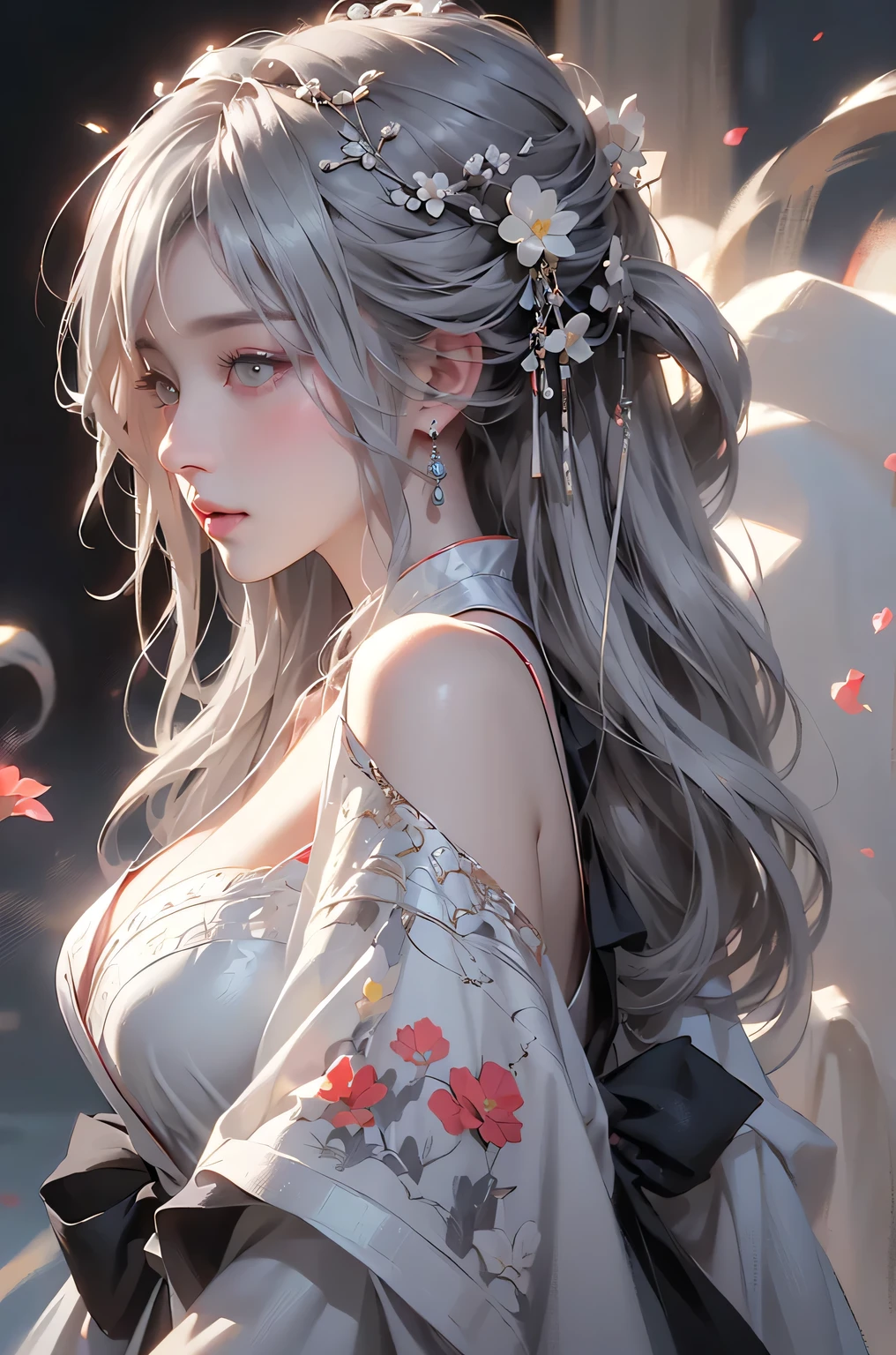 super high quality, masterpiece, Perfect illustration, Very detailed (Exquisite light and shadow, Very dramatic photo,Backlight) , ((Gray Hair:1.5))1 Girl,(( alone:1.6)), (Wearing Han clothes, Black and white Hanfu,Monotony,Long sleeve) Flower Field, Flowers, (White smoke:1.3) (Realistic:1.4), Zen Intertwining, Tangled, Official Art, unity 8k wallpaper, Very detailed, Beautiful and beautiful, masterpiece, Highest quality, (Dynamic Angle: 1.4), Glowing Skin, (Floating colorful flashes: 1) The most beautiful chaotic shapes, elegant, Brutalist Design, Bright colors, Romantic Depth of Field Exotic_dance, half_naked、（Separate sleeves:1.4, Expose your shoulders、Ample breasts、Beautiful cleavage）（side view）
