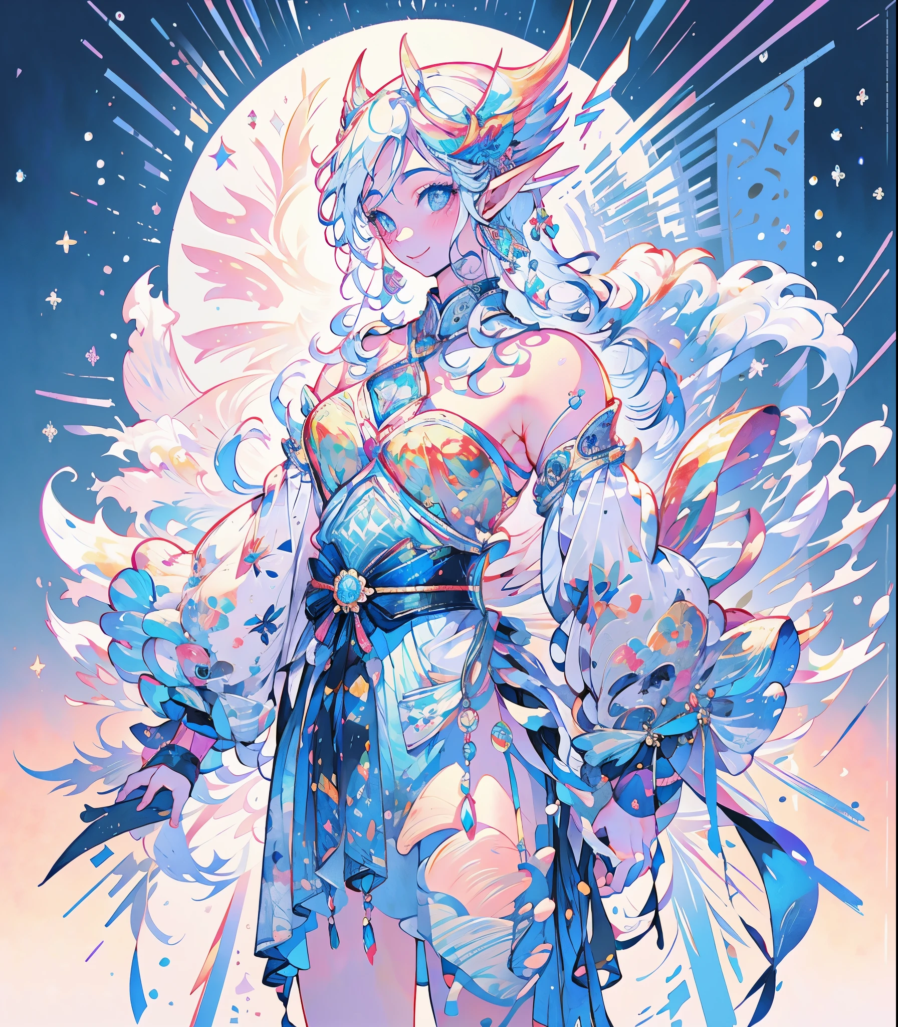 masterpiece, super high quality, ( Highly detailed original illustration),ice elf, Medium length elven ears, Pointed Ears,Around the ice, Frosty Theme,( 輝く黄Farbeい目:1.2), A light, cold smile, Arrogant look, Sexy Russian costume, blue crystal jewelry, Ice blue glowing tattoo,detailed,Realistic,4K High Definition,Study Map,masterpiece,Highest quality,Official Art,figure,Clear lines,(nice_Farbe),Perfect composition,Fantasy,Concentration,The rule of thirds