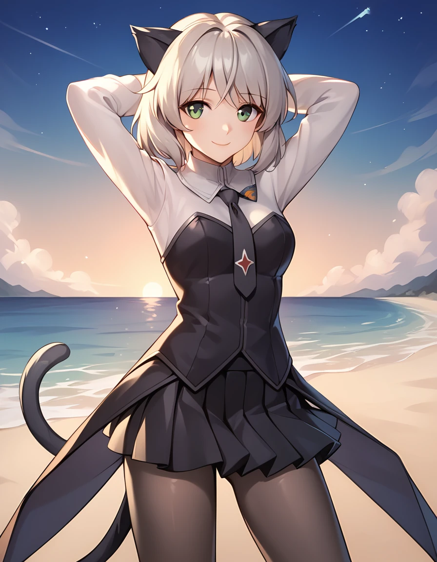 ctiansanya, uniform, necktie, strapless vest, long sleeves, black skirt, black pantyhose, cat ears, cat tail, high quality, night sky, beach, 1girl, solo, arms behind head, contrapposto, spread armpits, looking at viewer, best quality, closed mouth, smile, shy, (cowboy shot:1.5),