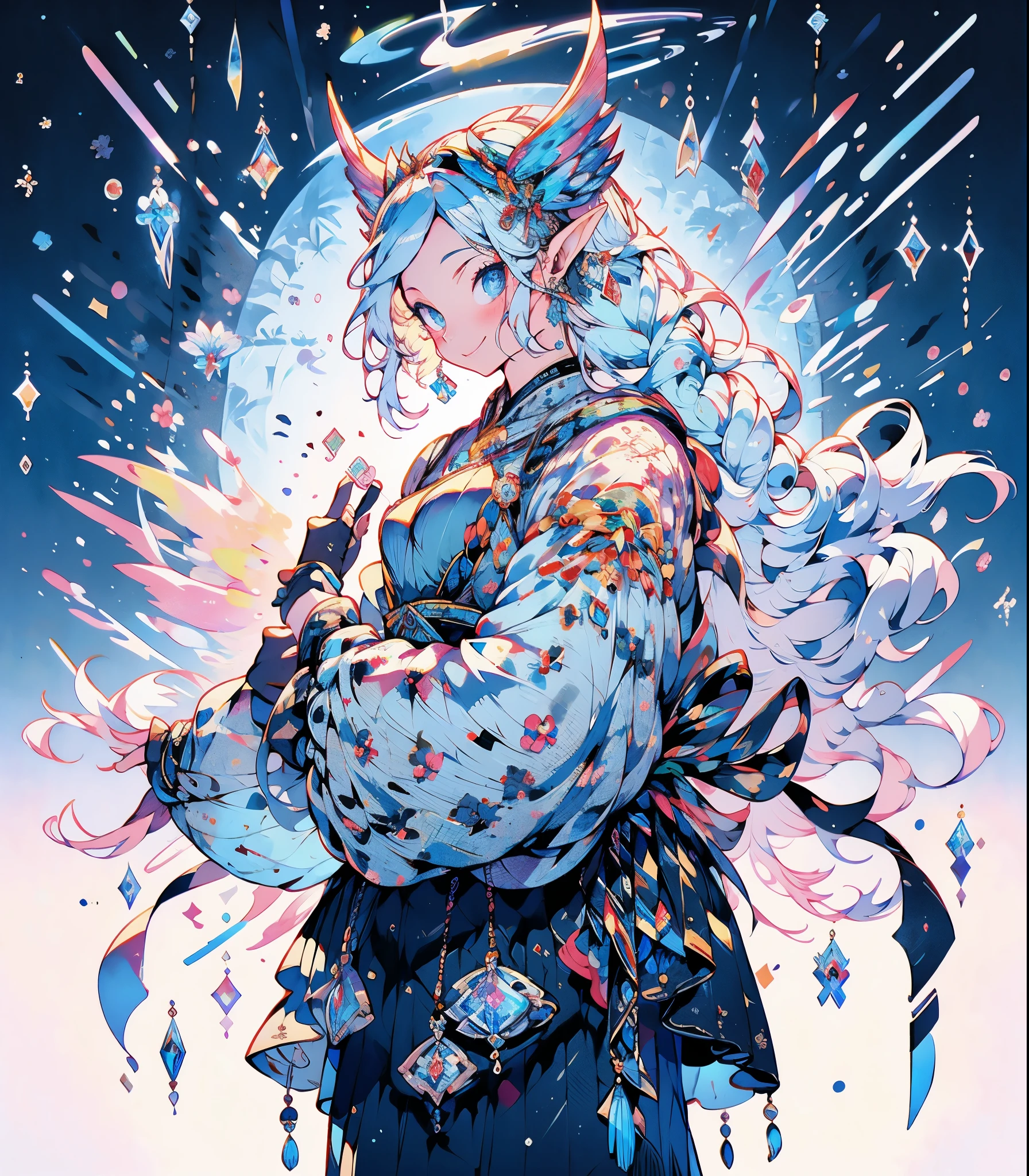 masterpiece, super high quality, ( Highly detailed original illustration),ice elf, Medium length elven ears, Pointed Ears,Around the ice, Frosty Theme,( 輝く黄Farbeい目:1.2), A light, cold smile, Arrogant look, Sexy Russian costume, blue crystal jewelry, Ice blue glowing tattoo,detailed,Realistic,4K High Definition,Study Map,masterpiece,Highest quality,Official Art,figure,Clear lines,(nice_Farbe),Perfect composition,Fantasy,Concentration,The rule of thirds