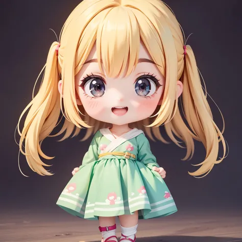 super chibi character：1.8、wearing cute sandals、background：simple all over、blonde hair、cute 7 year old girl、wearing a costume：1.8...