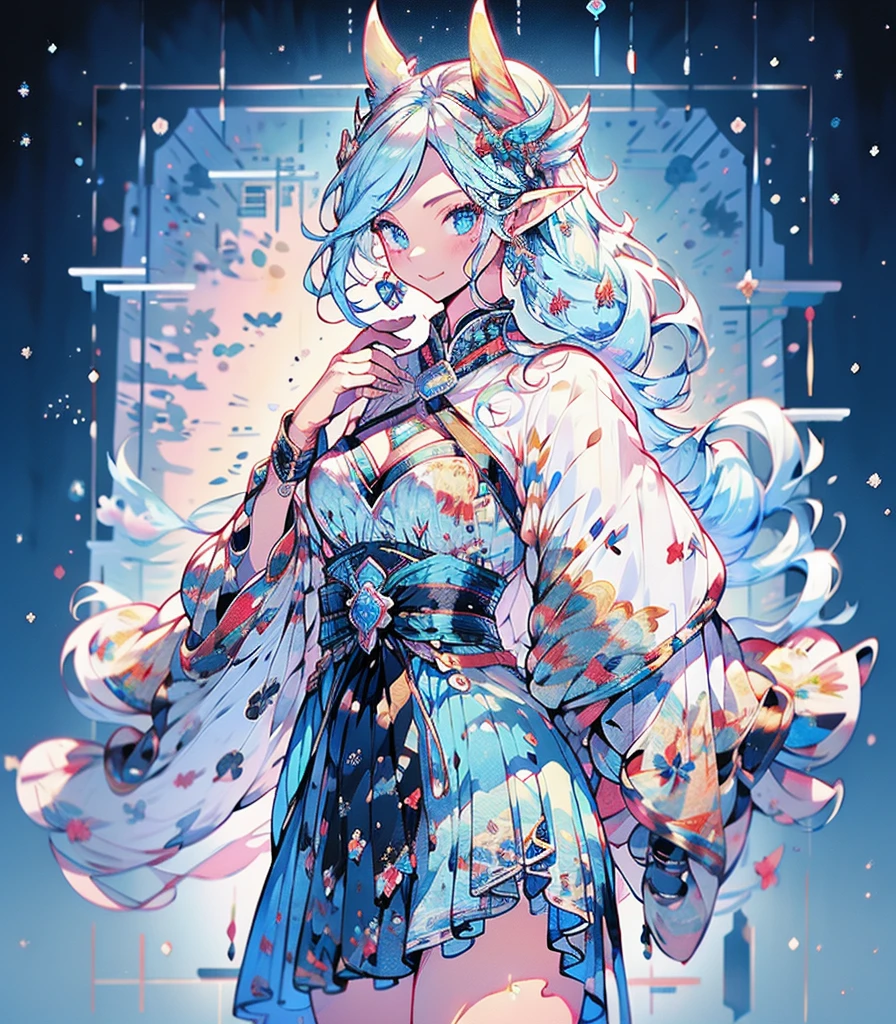 masterpiece, super high quality, ( 非常にdetailedなオリジナルイラスト),ice elf, Medium length elven ears, Pointed Ears,Around the ice, Frosty Theme,( 輝く黄colorい目:1.2), A light, cold smile, Arrogant look, Sexy Russian costume, blue crystal jewelry, Ice blue glowing tattoo,detailed,Realistic,4K High Definition,Mappa Studio,masterpiece,Highest quality,Official Art,figure,Clear lines,(nice_color),Perfect composition,Fantasy,Concentration,The rule of thirds