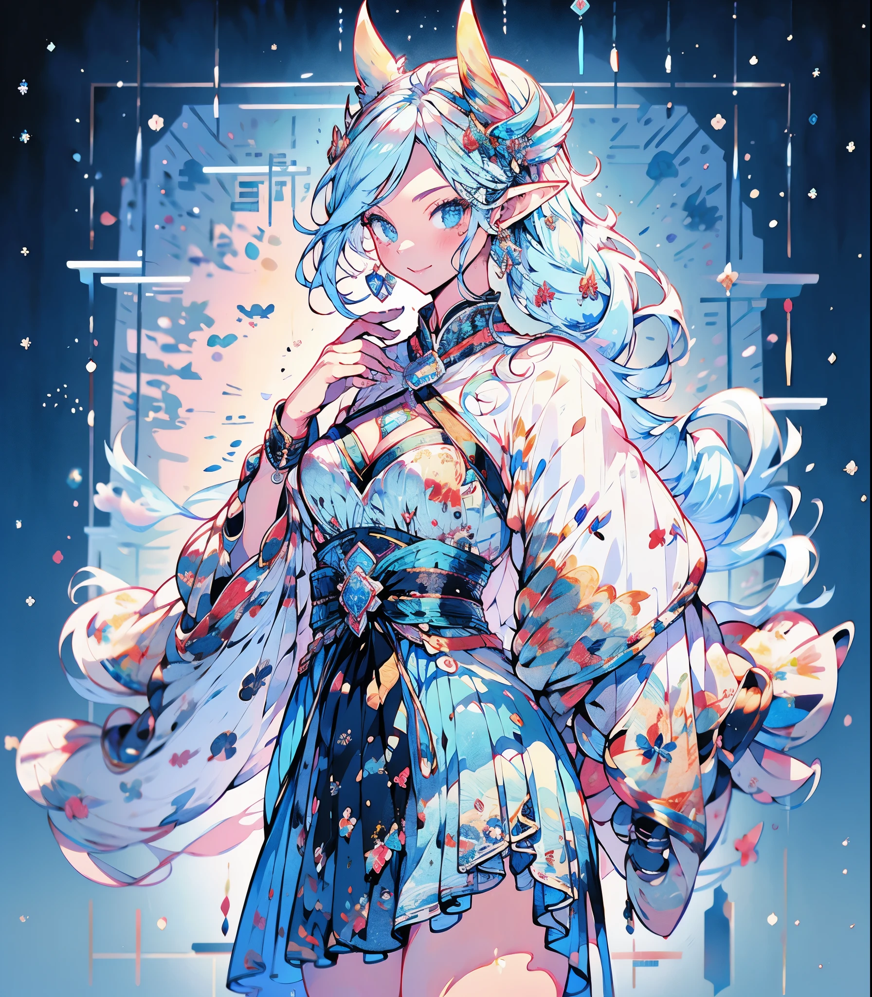 masterpiece, super high quality, ( Highly detailed original illustration),ice elf, Medium length elven ears, Pointed Ears,Around the ice, Frosty Theme,( 輝く黄Farbeい目:1.2), A light, cold smile, Arrogant look, Sexy Russian costume, blue crystal jewelry, Ice blue glowing tattoo,detailed,Realistic,4K High Definition,Study Map,masterpiece,Highest quality,Official Art,figure,Clear lines,(nice_Farbe),Perfect composition,Fantasy,Concentration,The rule of thirds