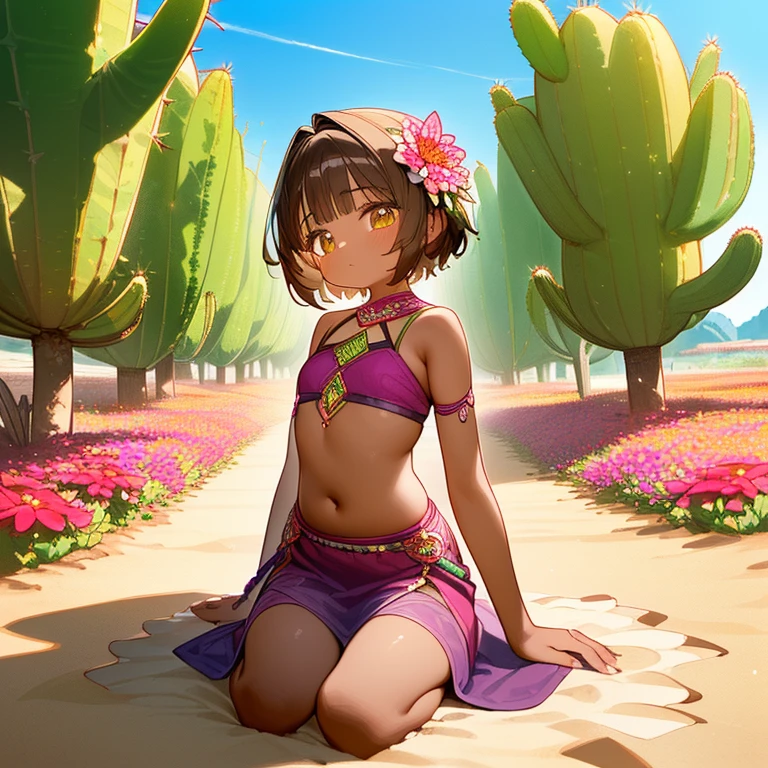 (High quality, high definition) 1 girl, (cute, short, brown-skinned beauty Alraune) (Alraune, princess, inspired by the Adenium plant of the Apocynaceae family) (Desert, sand dunes, dry land all around, cacti in bloom,)
