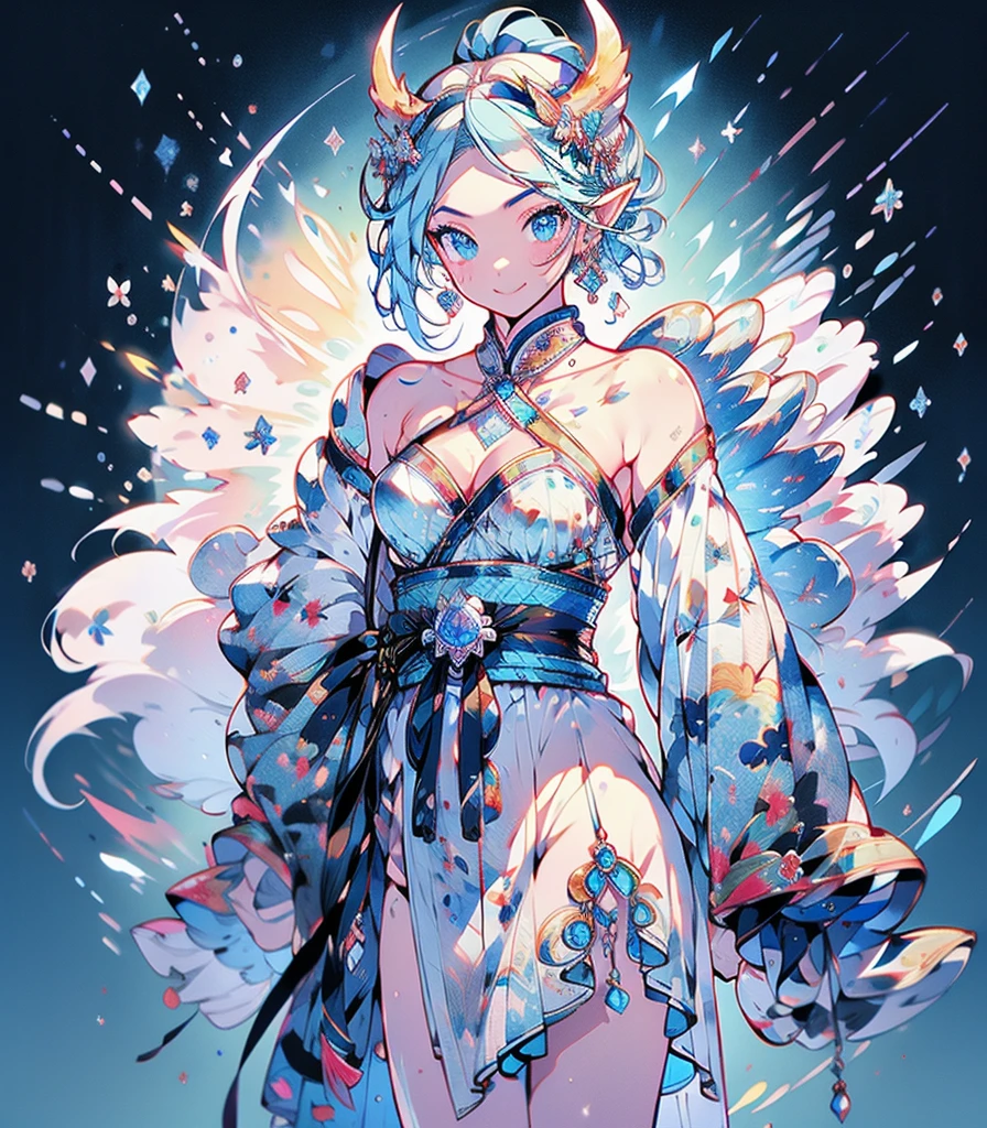 masterpiece, super high quality, ( 非常にdetailedなオリジナルイラスト),ice elf, Medium length elven ears, Pointed Ears,Around the ice, Frosty Theme,( 輝く黄colorい目:1.2), A light, cold smile, Arrogant look, Sexy Russian costume, blue crystal jewelry, Ice blue glowing tattoo,detailed,Realistic,4K High Definition,Mappa Studio,masterpiece,Highest quality,Official Art,figure,Clear lines,(nice_color),Perfect composition,Fantasy,Concentration,The rule of thirds